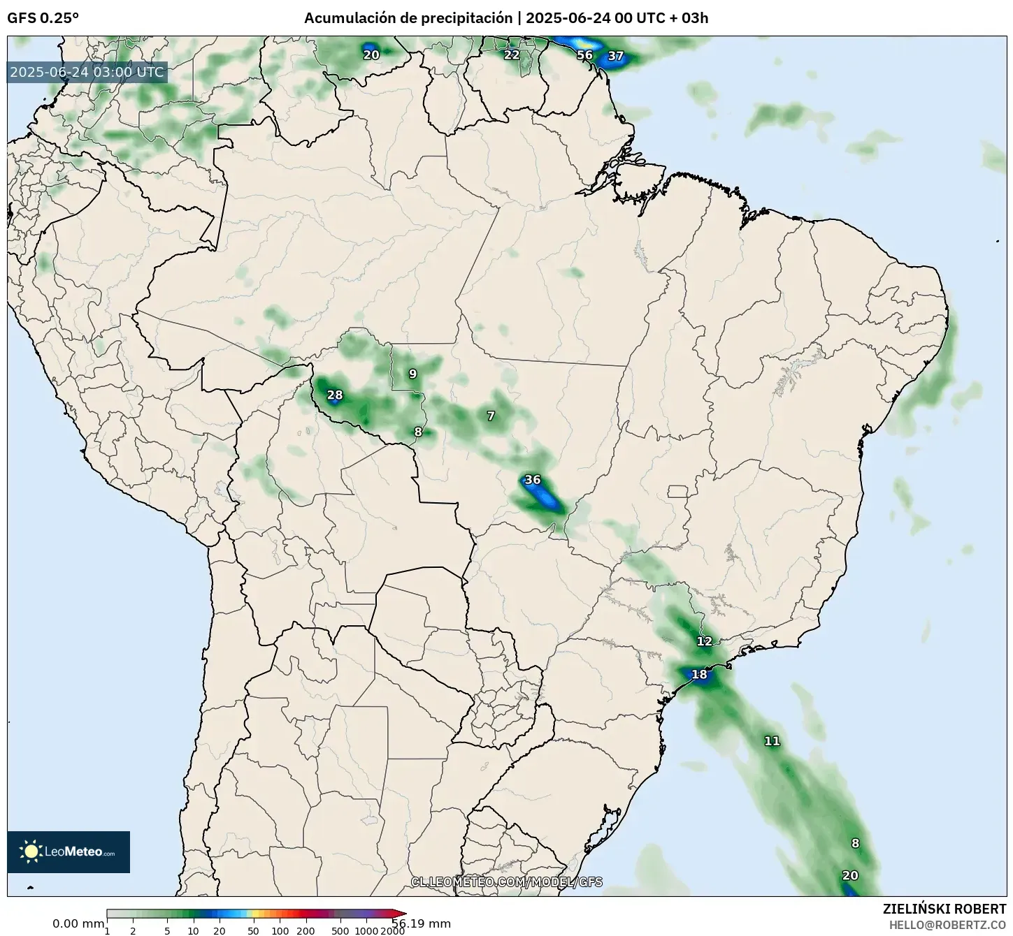 GFS model - Brasil, Acumulación de precipitación GFS model - Brasil, Acumulación de precipitación