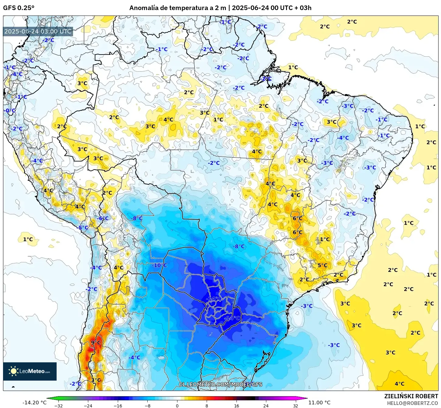 GFS model - Brasil, Anomalía de temperatura a 2 m