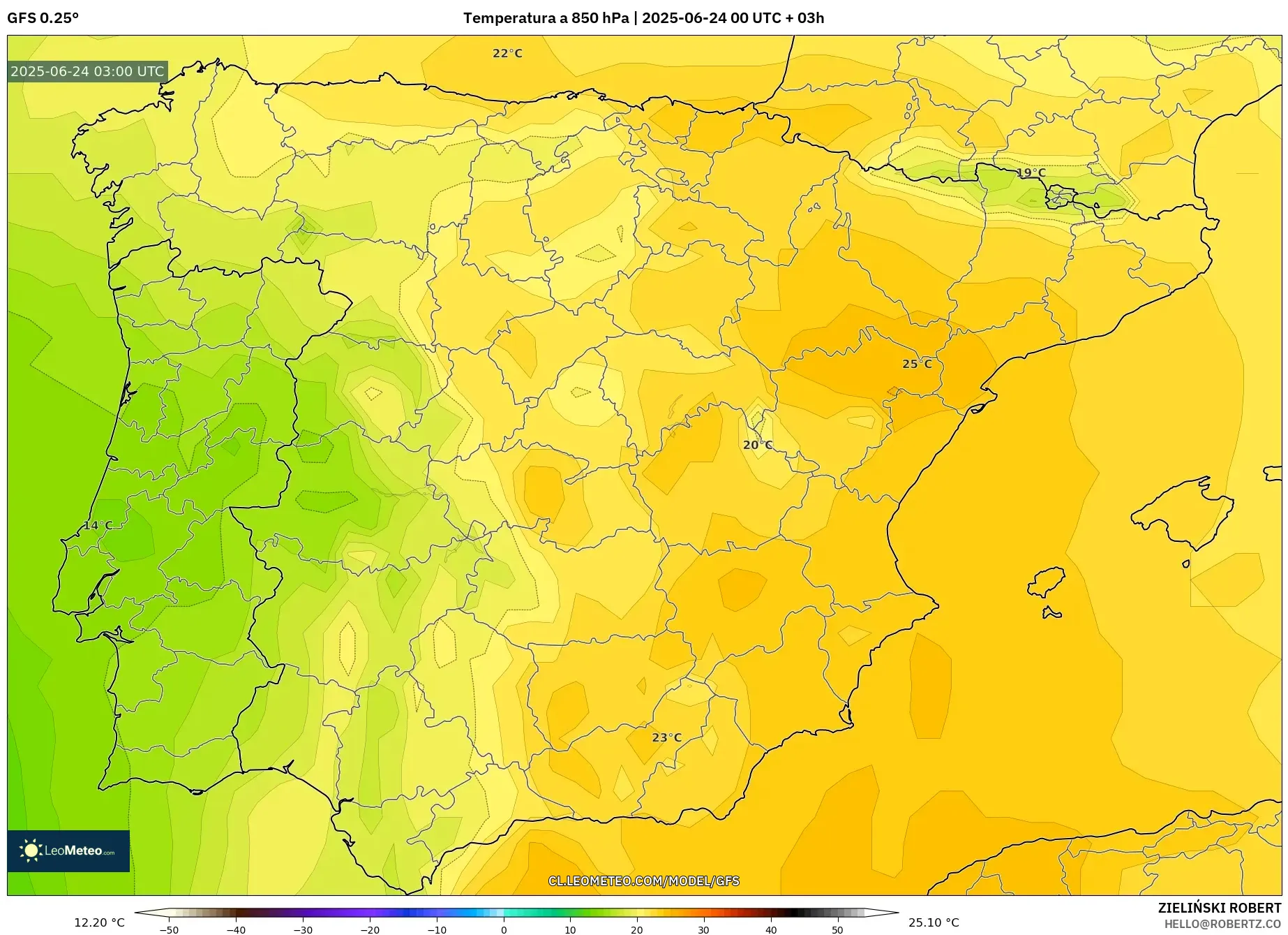 GFS model - España, Temperatura a 850 hPa GFS model - España, Temperatura a 850 hPa