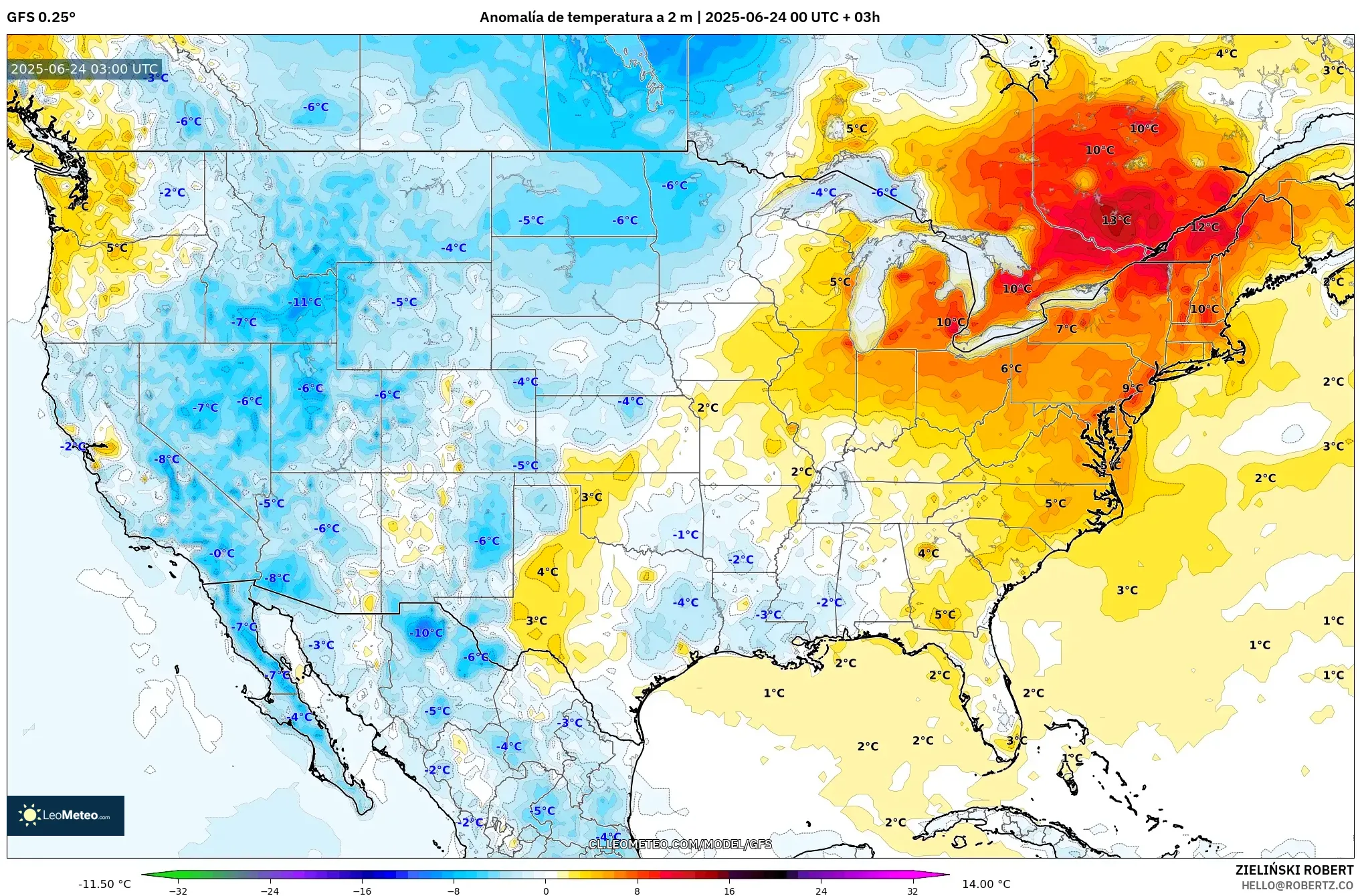 GFS model - Estados Unidos, Anomalía de temperatura a 2 m GFS model - Estados Unidos, Anomalía de temperatura a 2 m
