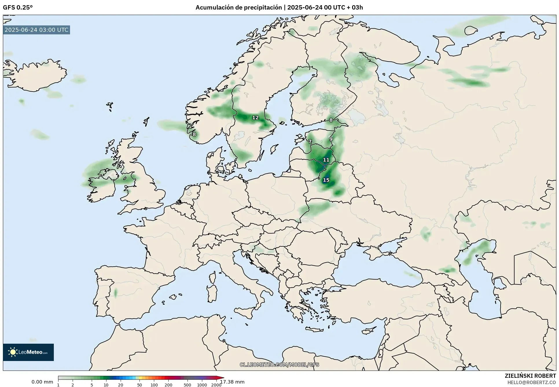 GFS model - Europa, Acumulación de precipitación GFS model - Europa, Acumulación de precipitación