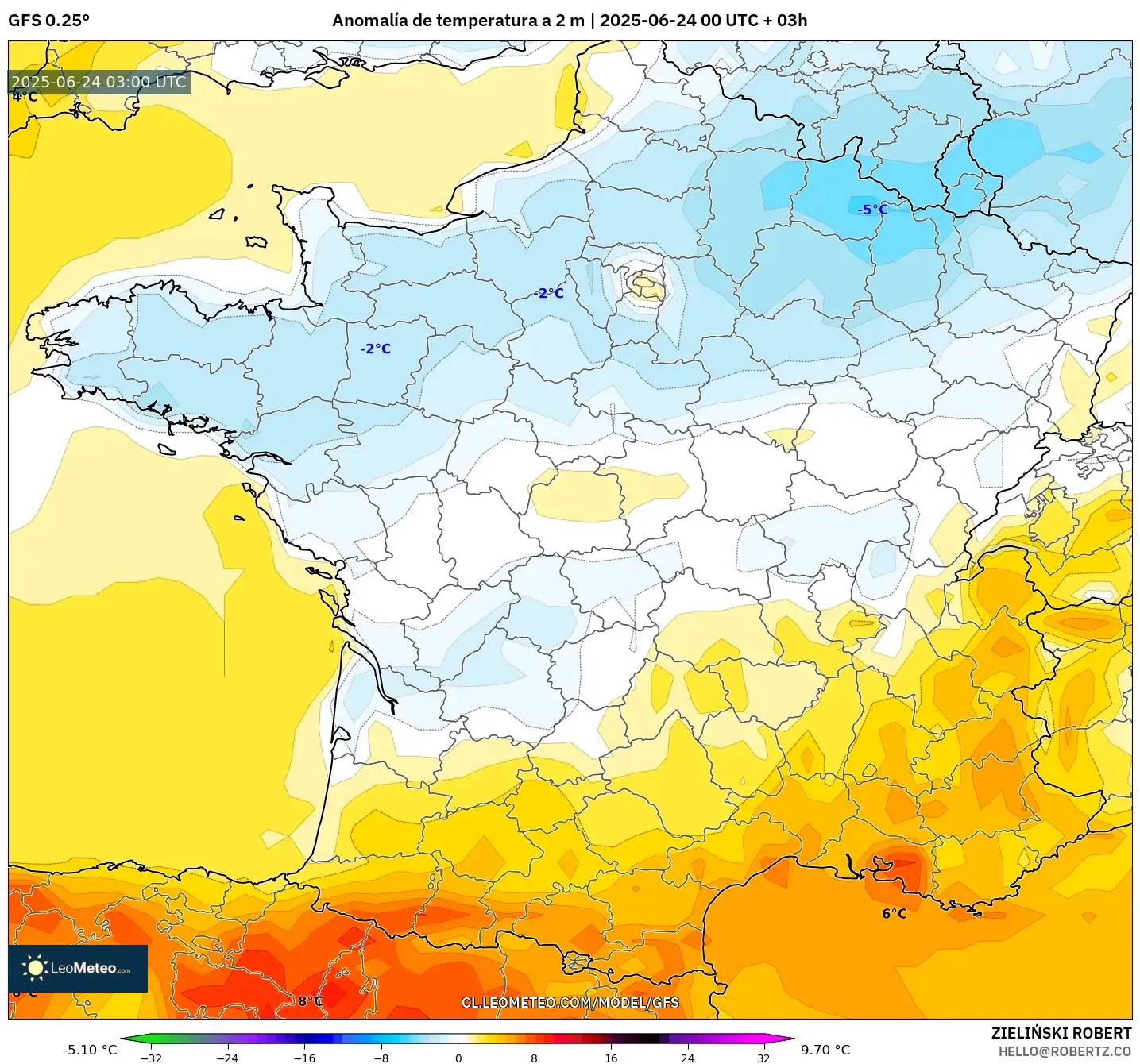 GFS model - Francia, Anomalía de temperatura a 2 m
