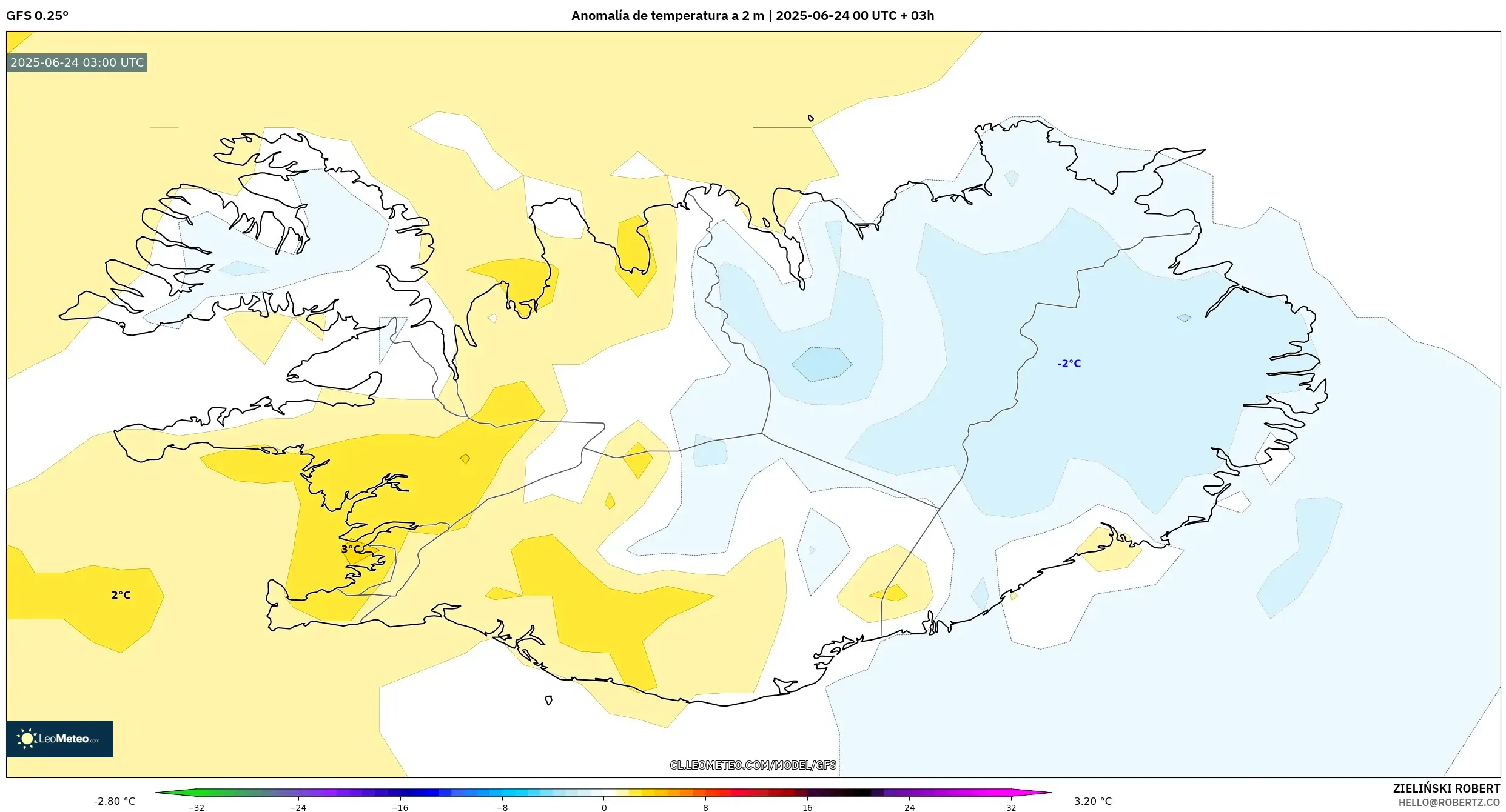 GFS model - Islandia, Anomalía de temperatura a 2 m