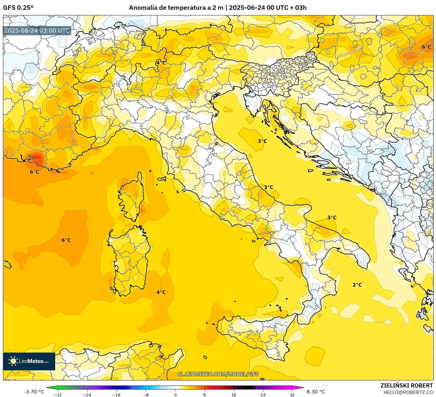 GFS model - Italia, Anomalía de temperatura a 2 m