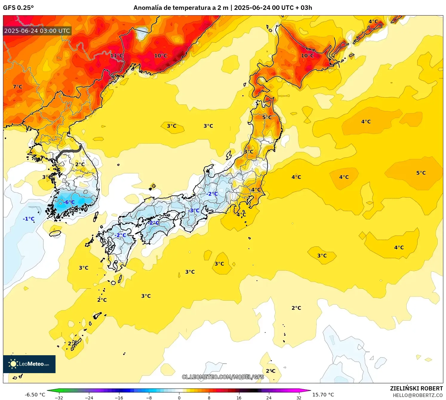 GFS model - Japón, Anomalía de temperatura a 2 m