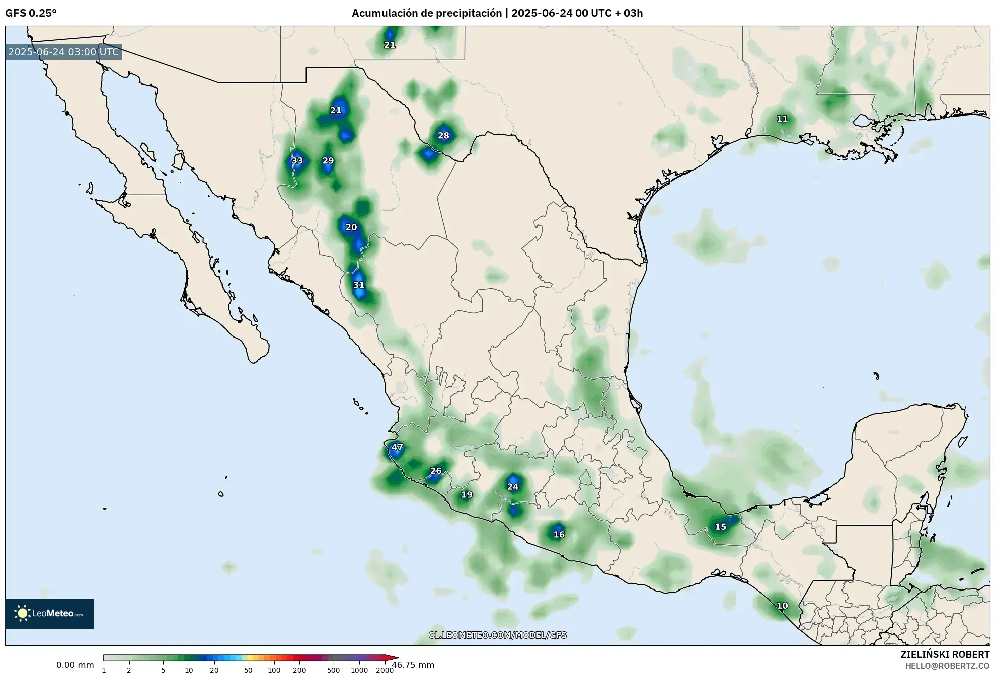 GFS model - México, Acumulación de precipitación GFS model - México, Acumulación de precipitación