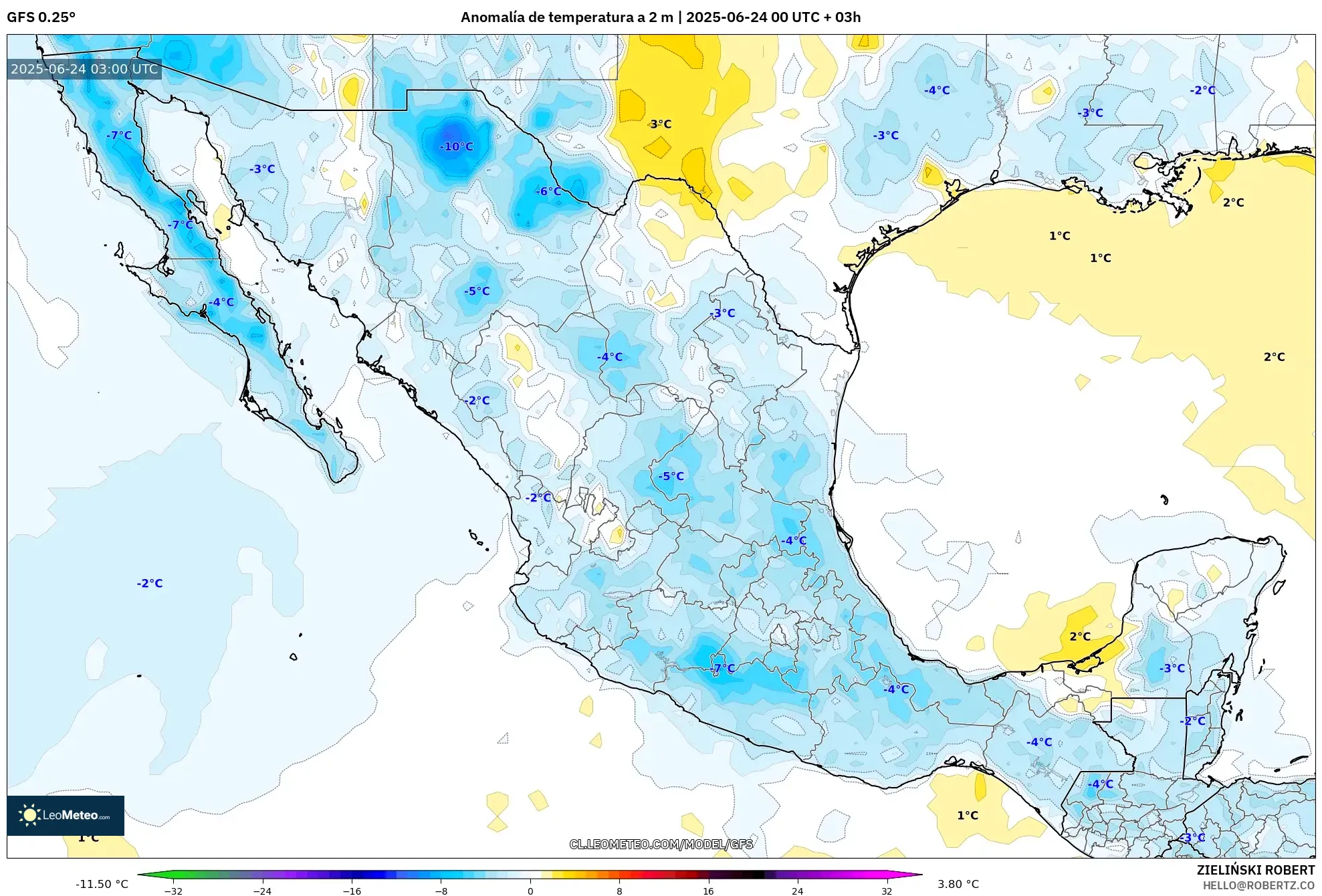 GFS model - México, Anomalía de temperatura a 2 m