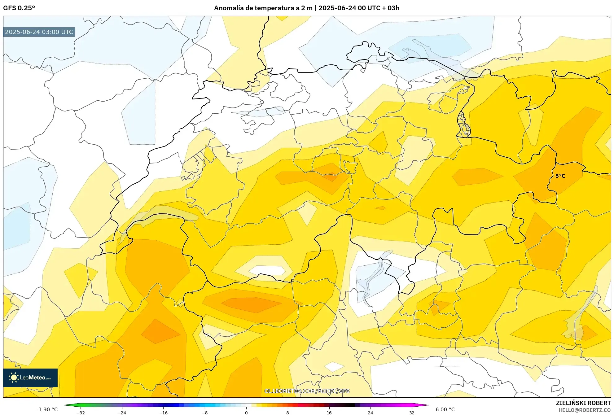 GFS model - Suiza, Anomalía de temperatura a 2 m GFS model - Suiza, Anomalía de temperatura a 2 m