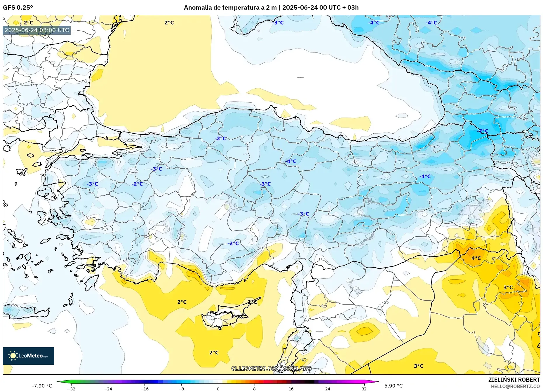 GFS model - Turquía, Anomalía de temperatura a 2 m