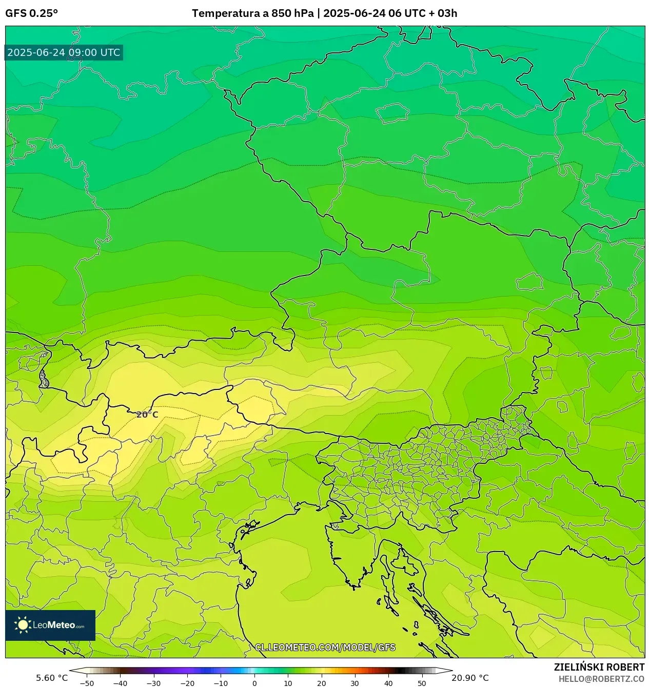 GFS model - Austria, Temperatura a 850 hPa GFS model - Austria, Temperatura a 850 hPa