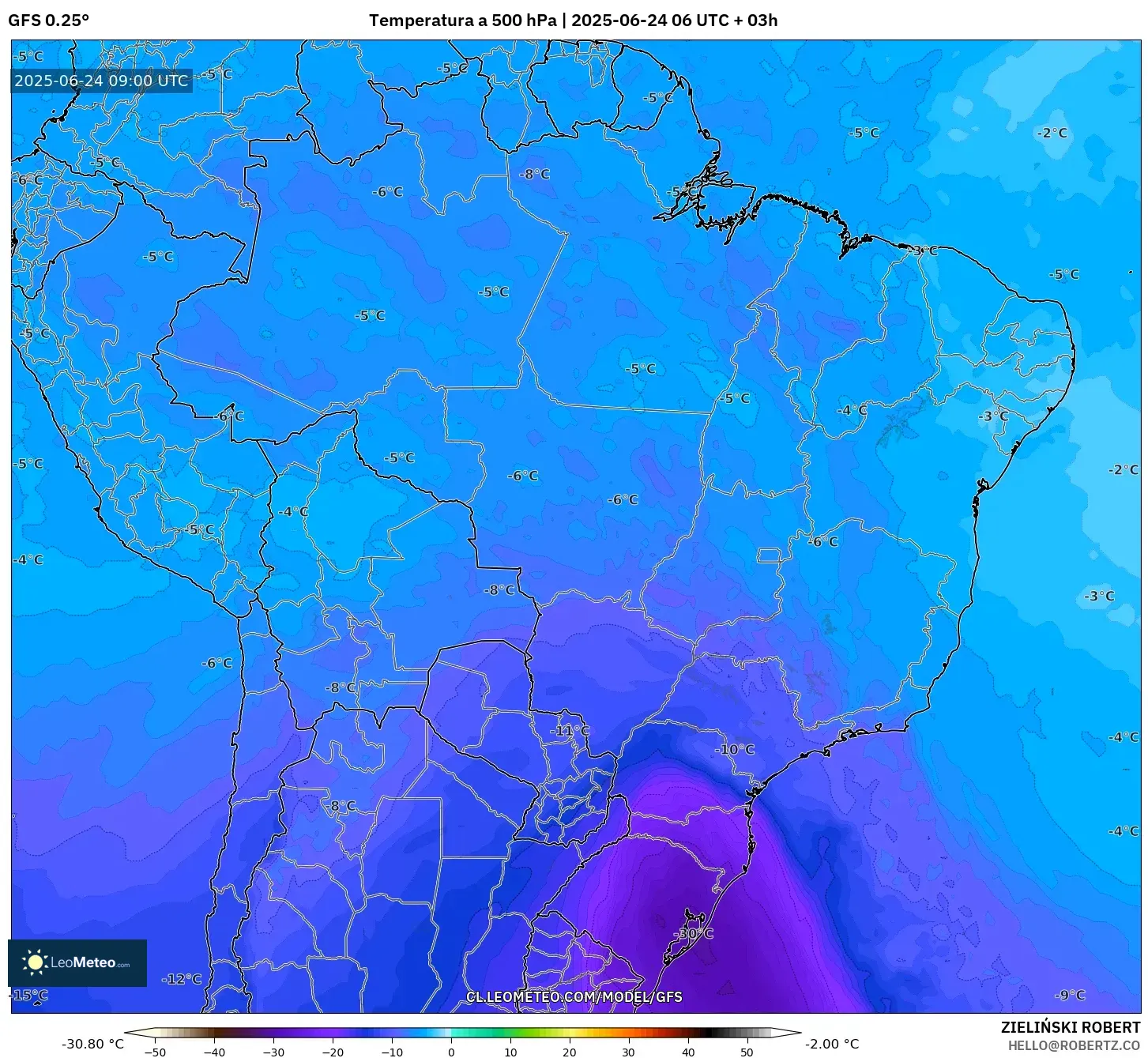 GFS model - Brasil, Temperatura a 500 hPa GFS model - Brasil, Temperatura a 500 hPa