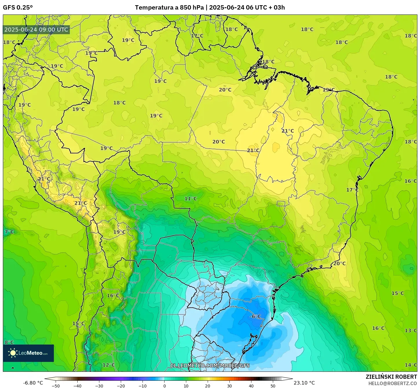 GFS model - Brasil, Temperatura a 850 hPa GFS model - Brasil, Temperatura a 850 hPa