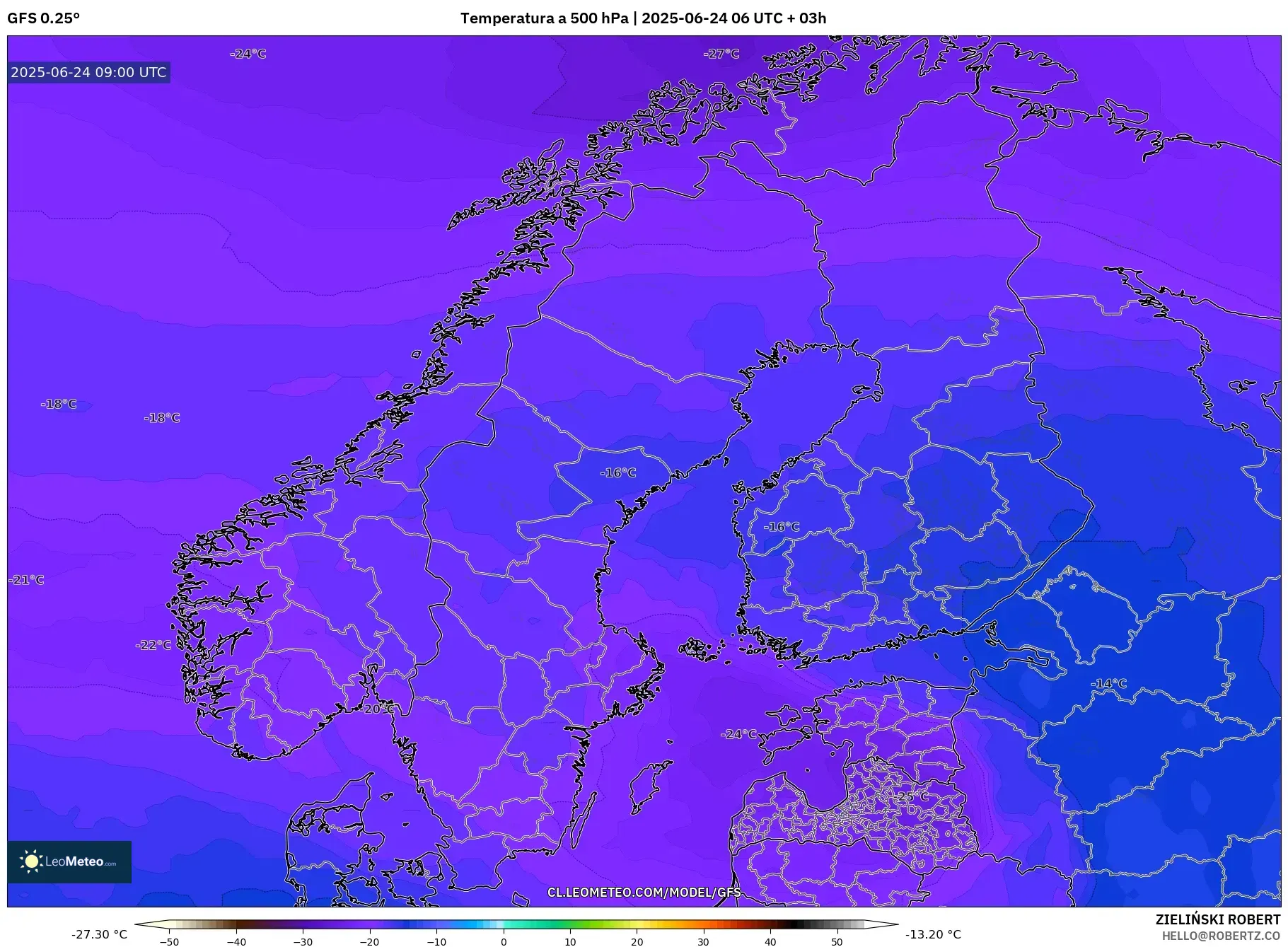 GFS model - Escandinavia, Temperatura a 500 hPa GFS model - Escandinavia, Temperatura a 500 hPa