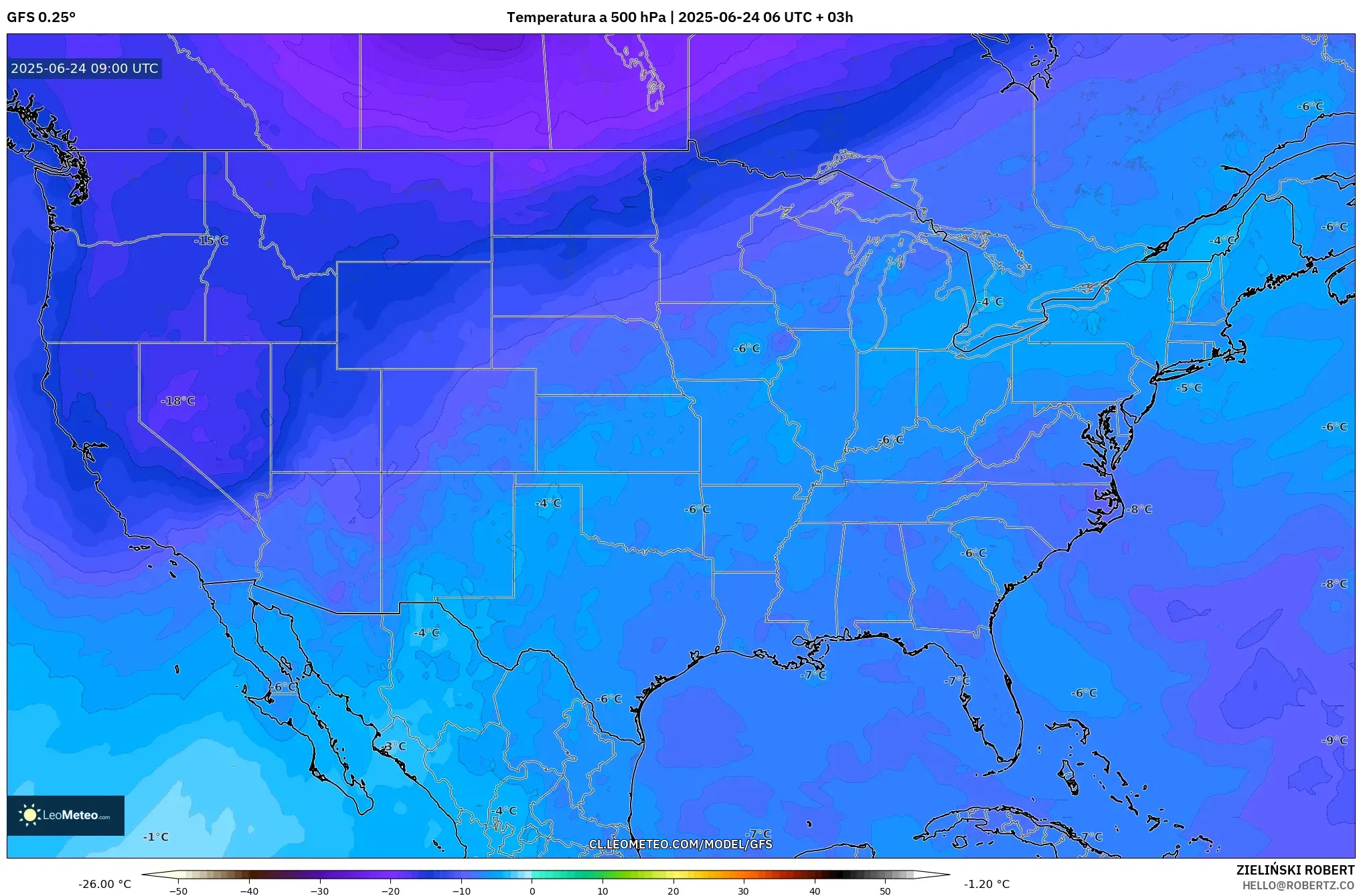 GFS model - Estados Unidos, Temperatura a 500 hPa GFS model - Estados Unidos, Temperatura a 500 hPa
