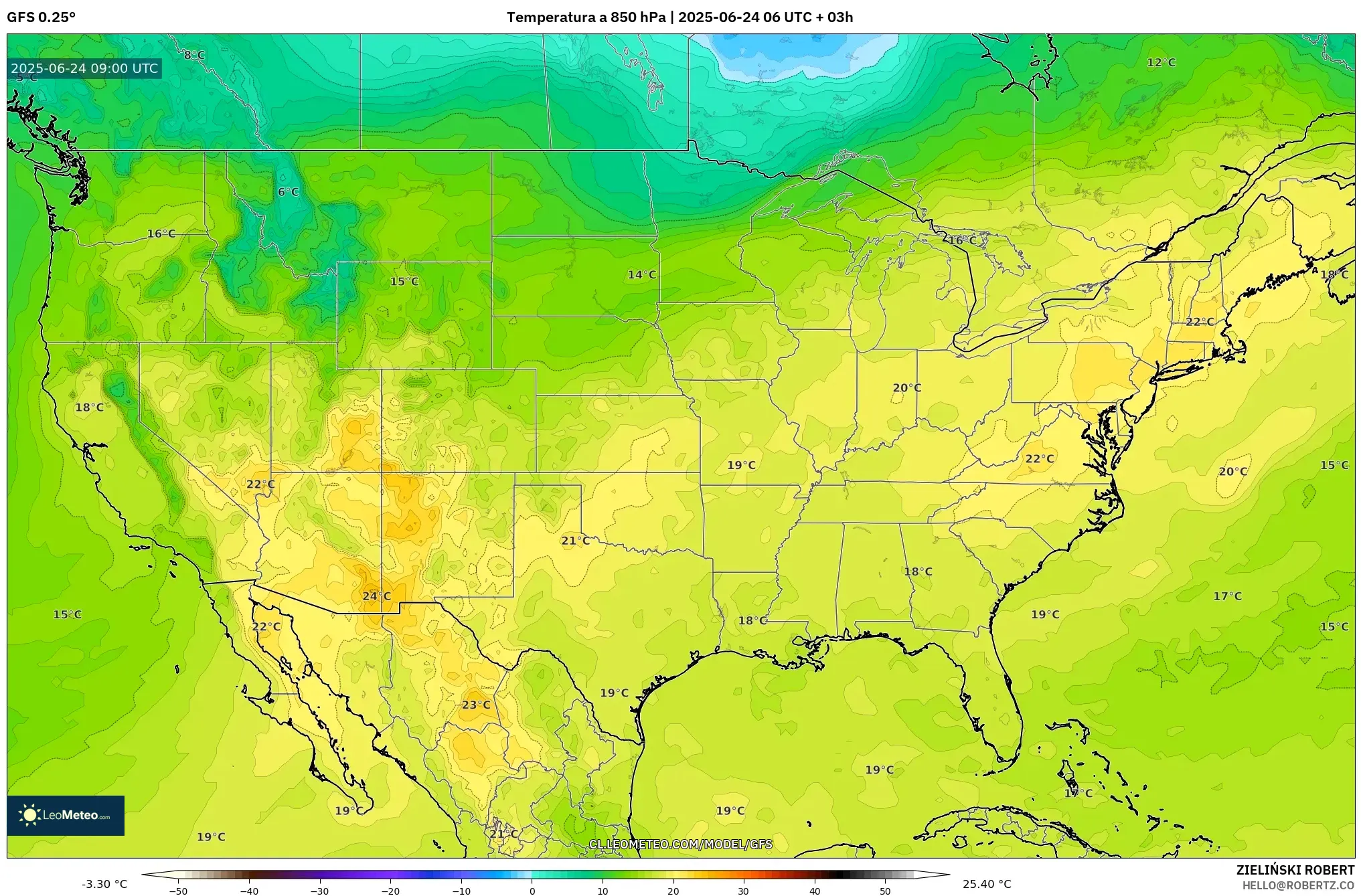 GFS model - Estados Unidos, Temperatura a 850 hPa GFS model - Estados Unidos, Temperatura a 850 hPa