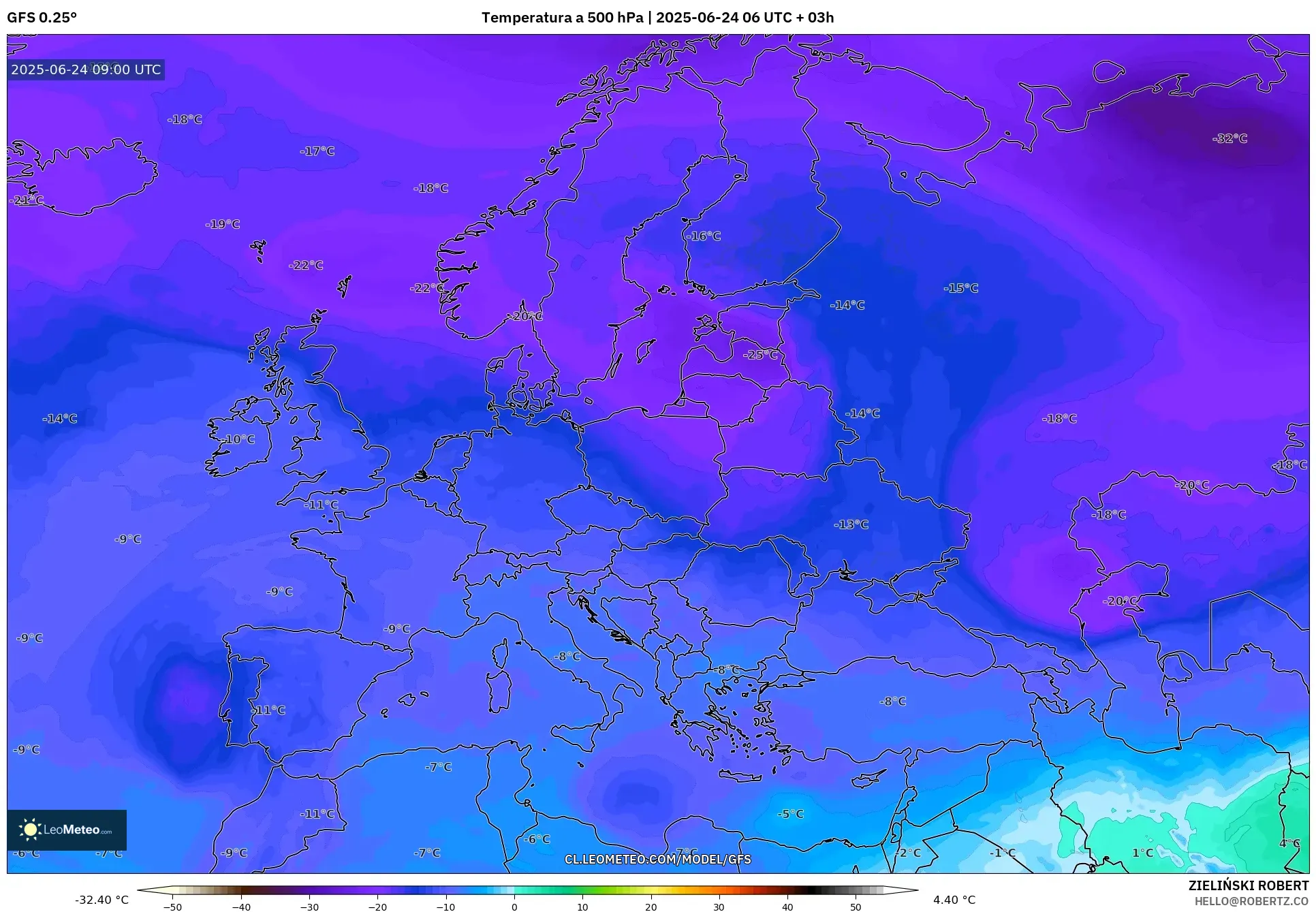 GFS model - Europa, Temperatura a 500 hPa GFS model - Europa, Temperatura a 500 hPa