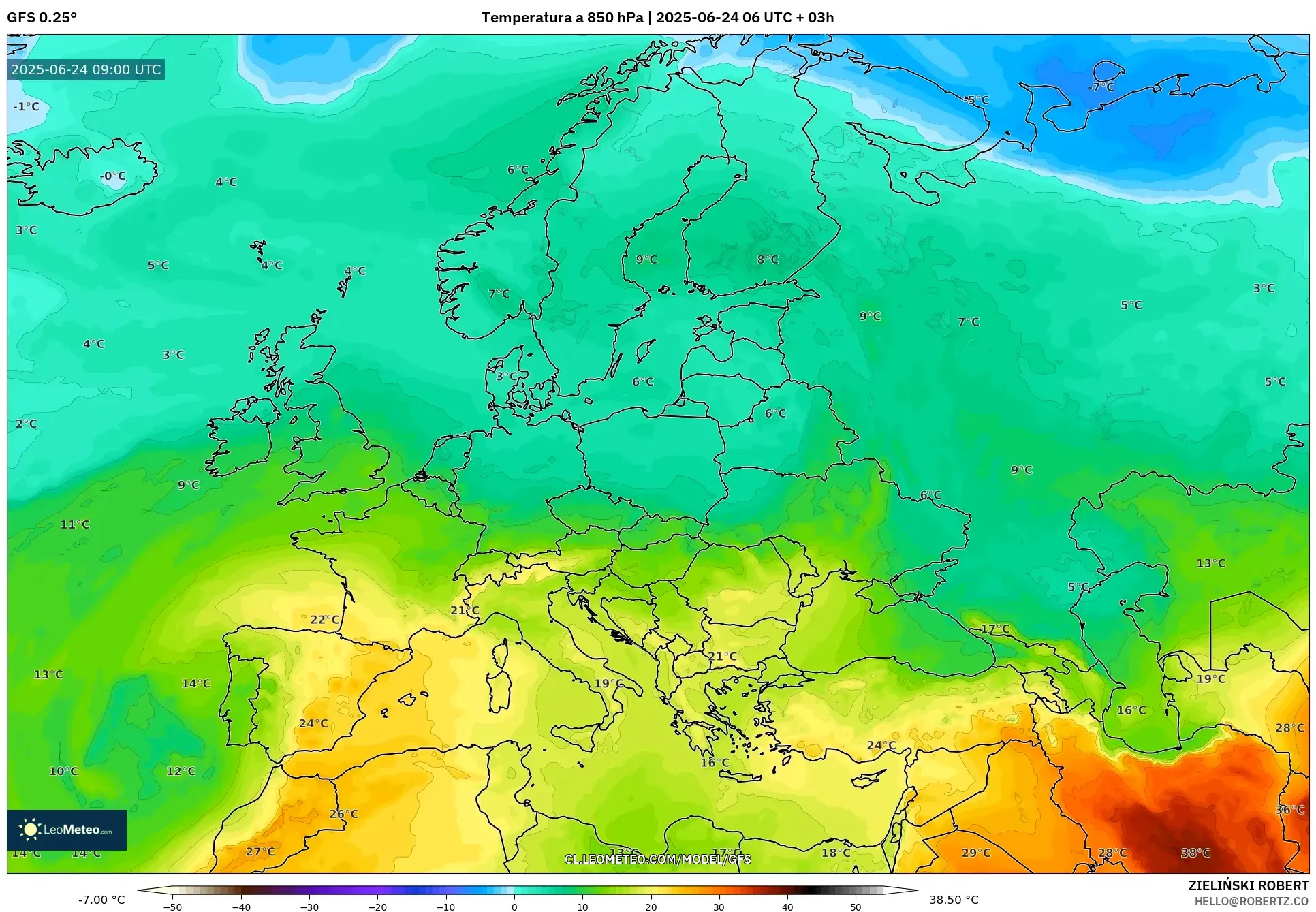GFS model - Europa, Temperatura a 850 hPa GFS model - Europa, Temperatura a 850 hPa