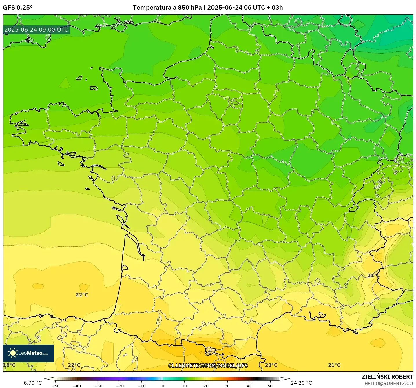 GFS model - Francia, Temperatura a 850 hPa GFS model - Francia, Temperatura a 850 hPa