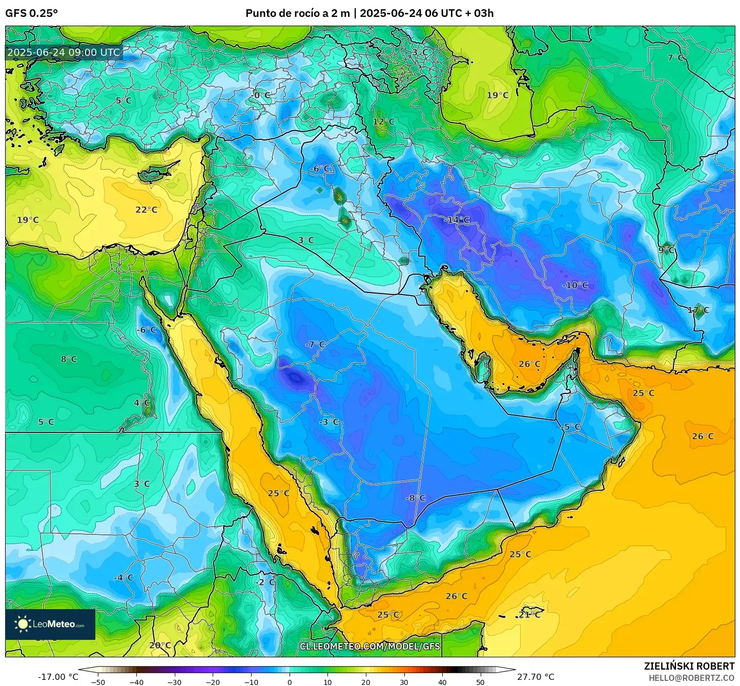 GFS model - Oriente Medio, Punto de rocío a 2 m GFS model - Oriente Medio, Punto de rocío a 2 m