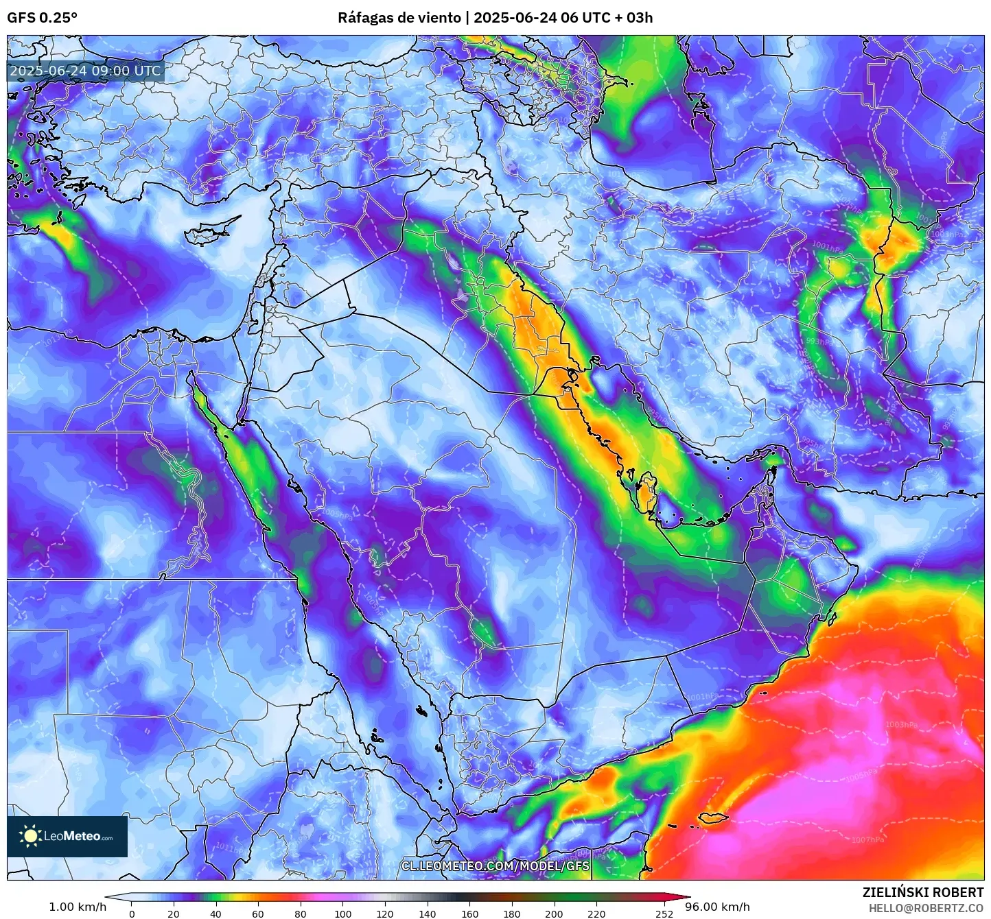 GFS model - Oriente Medio, Ráfagas de viento GFS model - Oriente Medio, Ráfagas de viento
