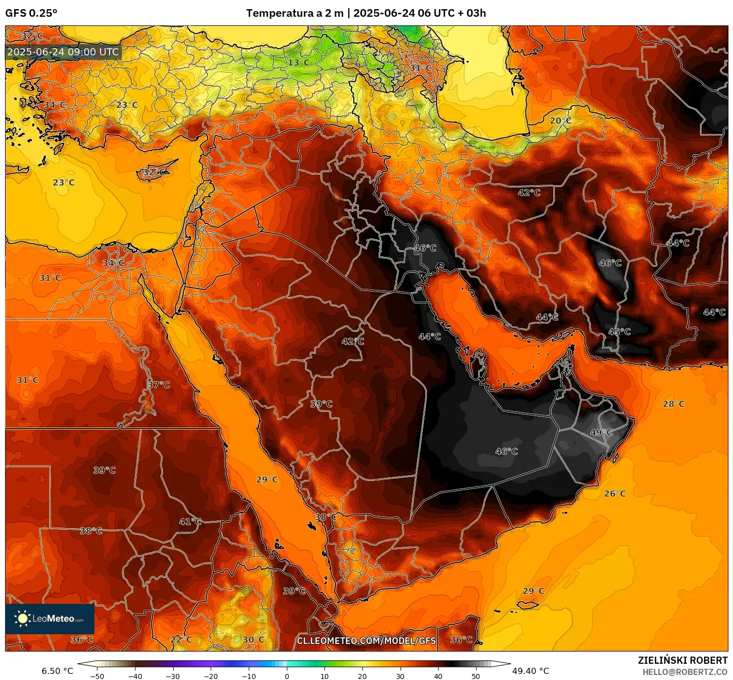 GFS model - Oriente Medio, Temperatura a 2 m GFS model - Oriente Medio, Temperatura a 2 m