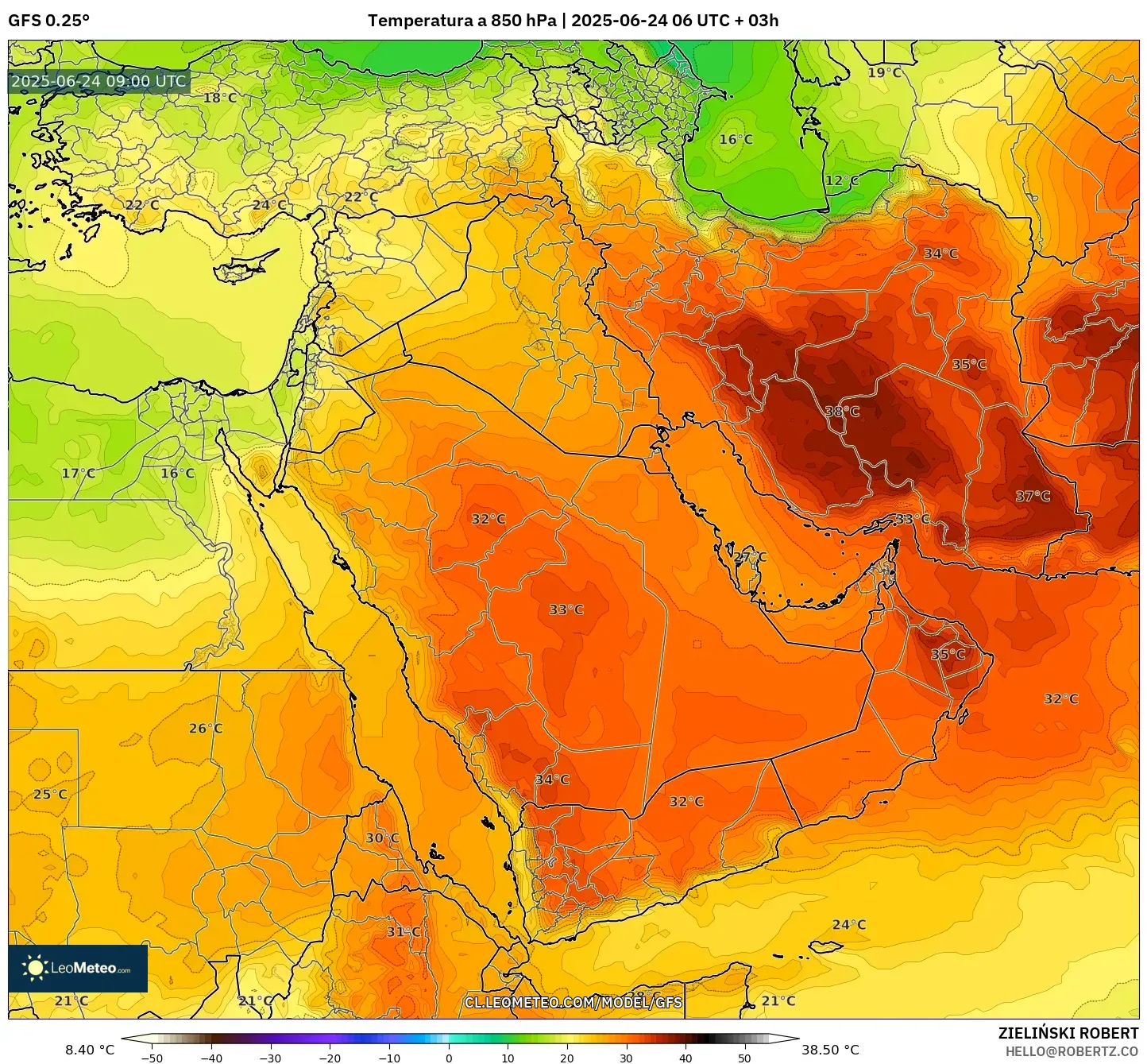 GFS model - Oriente Medio, Temperatura a 850 hPa GFS model - Oriente Medio, Temperatura a 850 hPa