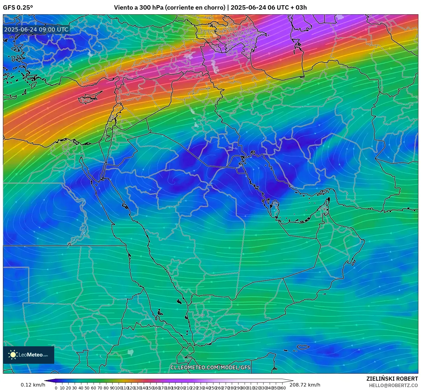 GFS model - Oriente Medio, Viento a 300 hPa (corriente en chorro) GFS model - Oriente Medio, Viento a 300 hPa (corriente en chorro)