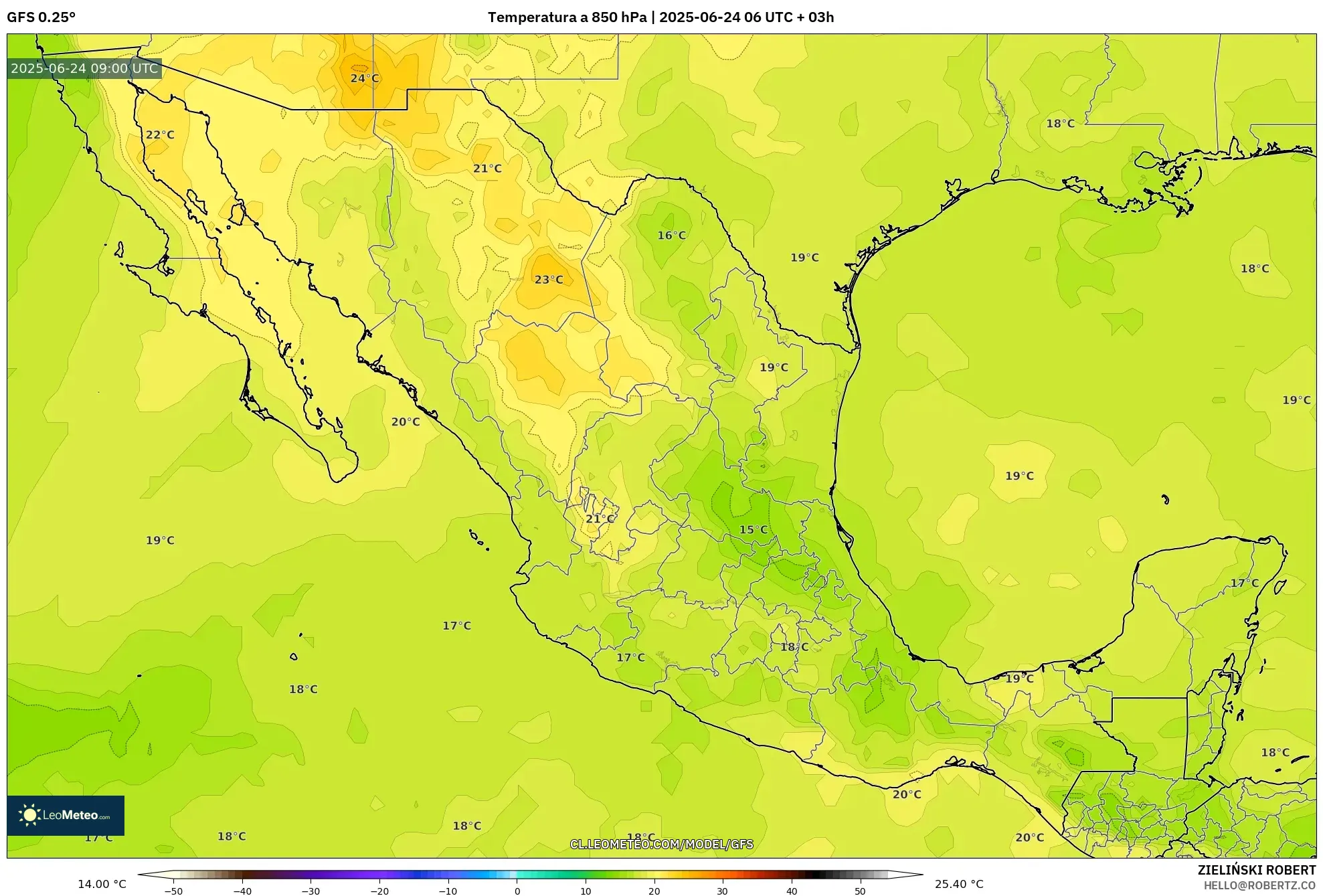 GFS model - México, Temperatura a 850 hPa GFS model - México, Temperatura a 850 hPa