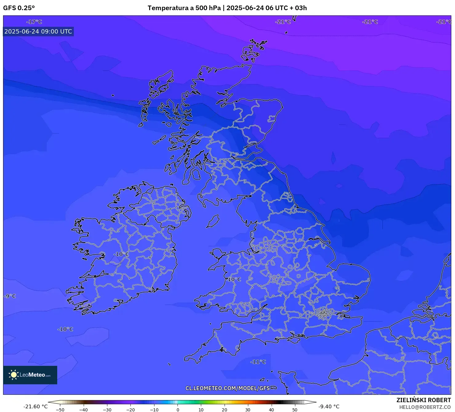 GFS model - Reino Unido, Temperatura a 500 hPa GFS model - Reino Unido, Temperatura a 500 hPa