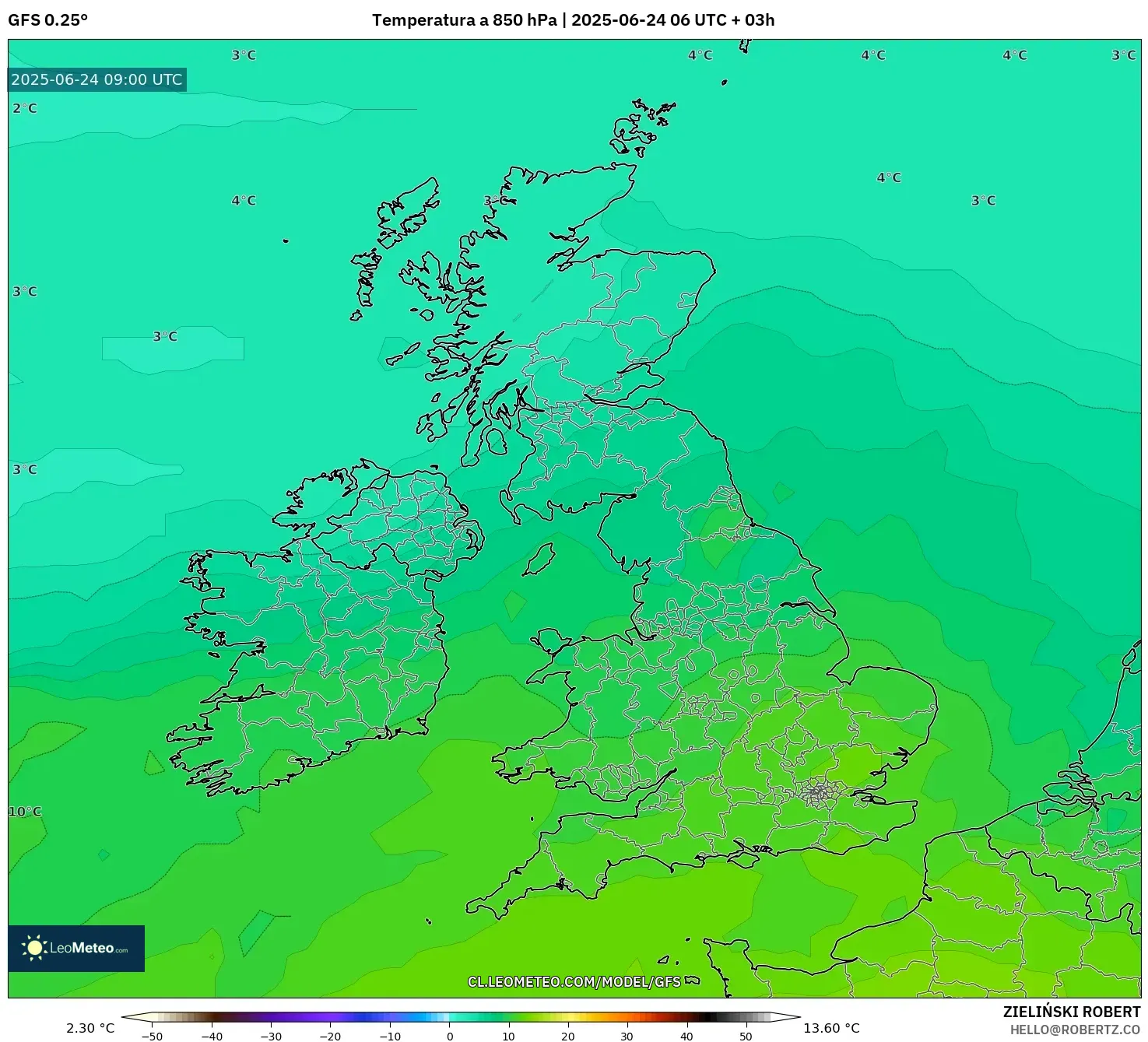 GFS model - Reino Unido, Temperatura a 850 hPa GFS model - Reino Unido, Temperatura a 850 hPa