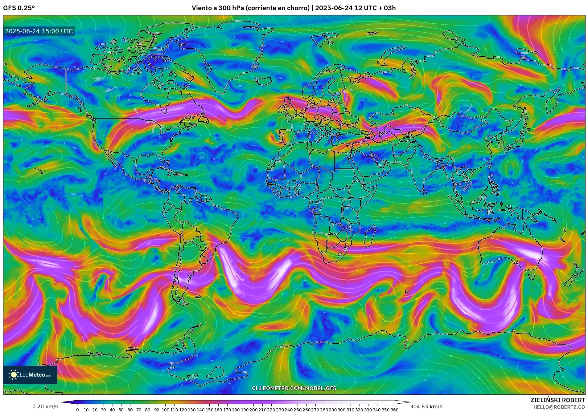 GFS model - Mundo, Viento a 300 hPa (corriente en chorro) GFS model - Mundo, Viento a 300 hPa (corriente en chorro)