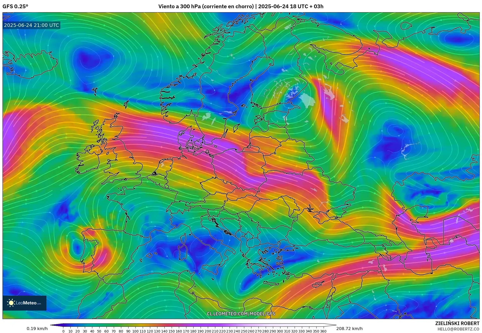 GFS model - Europa, Viento a 300 hPa (corriente en chorro) GFS model - Europa, Viento a 300 hPa (corriente en chorro)
