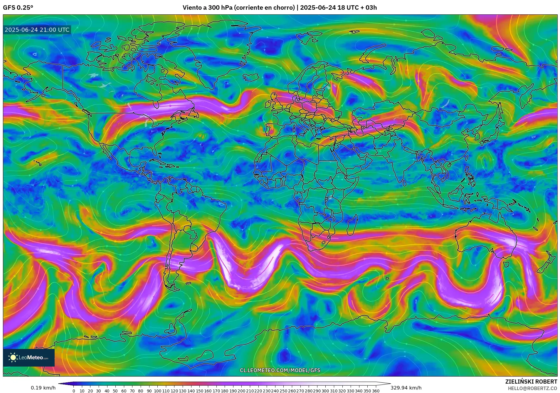 GFS model - Mundo, Viento a 300 hPa (corriente en chorro) GFS model - Mundo, Viento a 300 hPa (corriente en chorro)