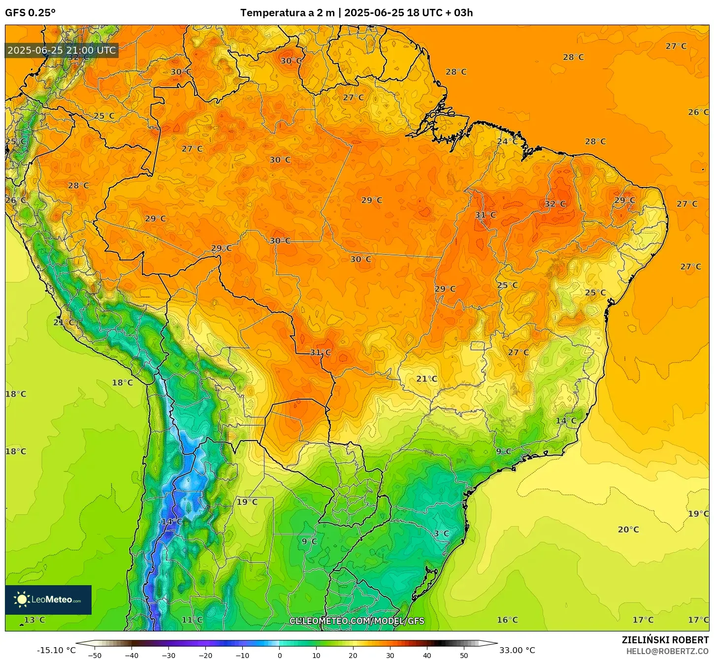 GFS model - Brasil, Temperatura a 2 m GFS model - Brasil, Temperatura a 2 m