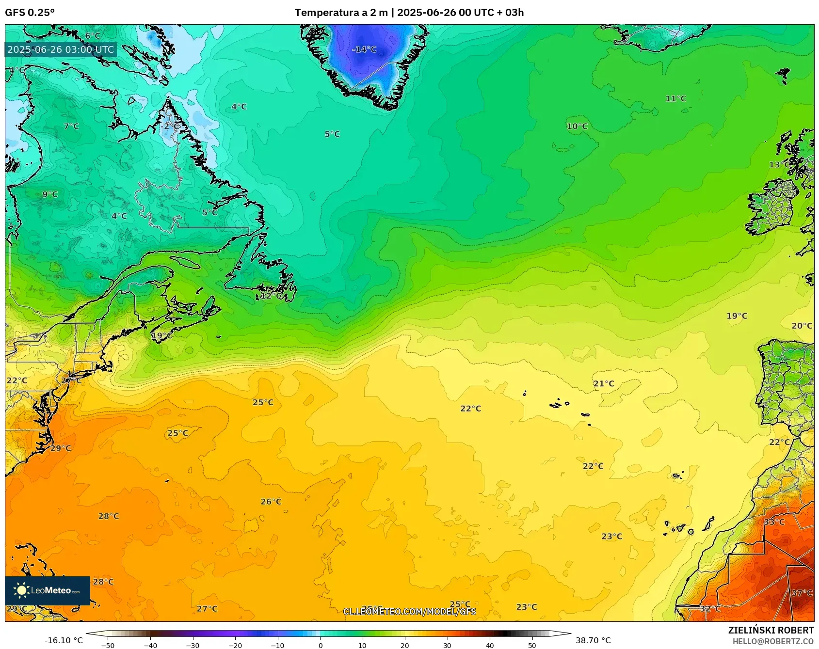 GFS model - Norte Atlántico, Temperatura a 2 m GFS model - Norte Atlántico, Temperatura a 2 m