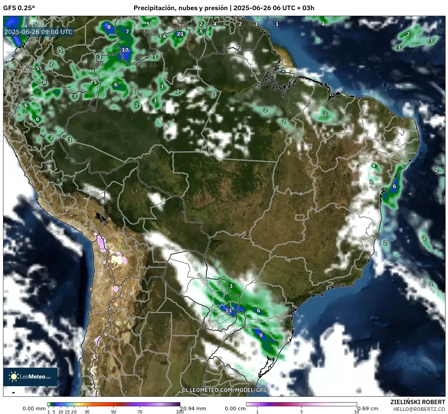 GFS model - Brasil, Precipitación, nubes y presión GFS model - Brasil, Precipitación, nubes y presión