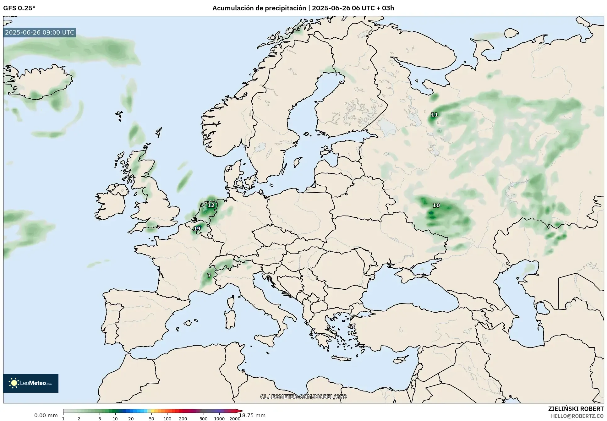 GFS model - Europa, Acumulación de precipitación GFS model - Europa, Acumulación de precipitación