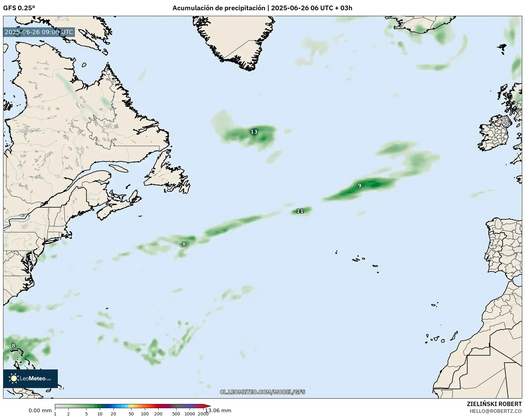 GFS model - Norte Atlántico, Acumulación de precipitación GFS model - Norte Atlántico, Acumulación de precipitación