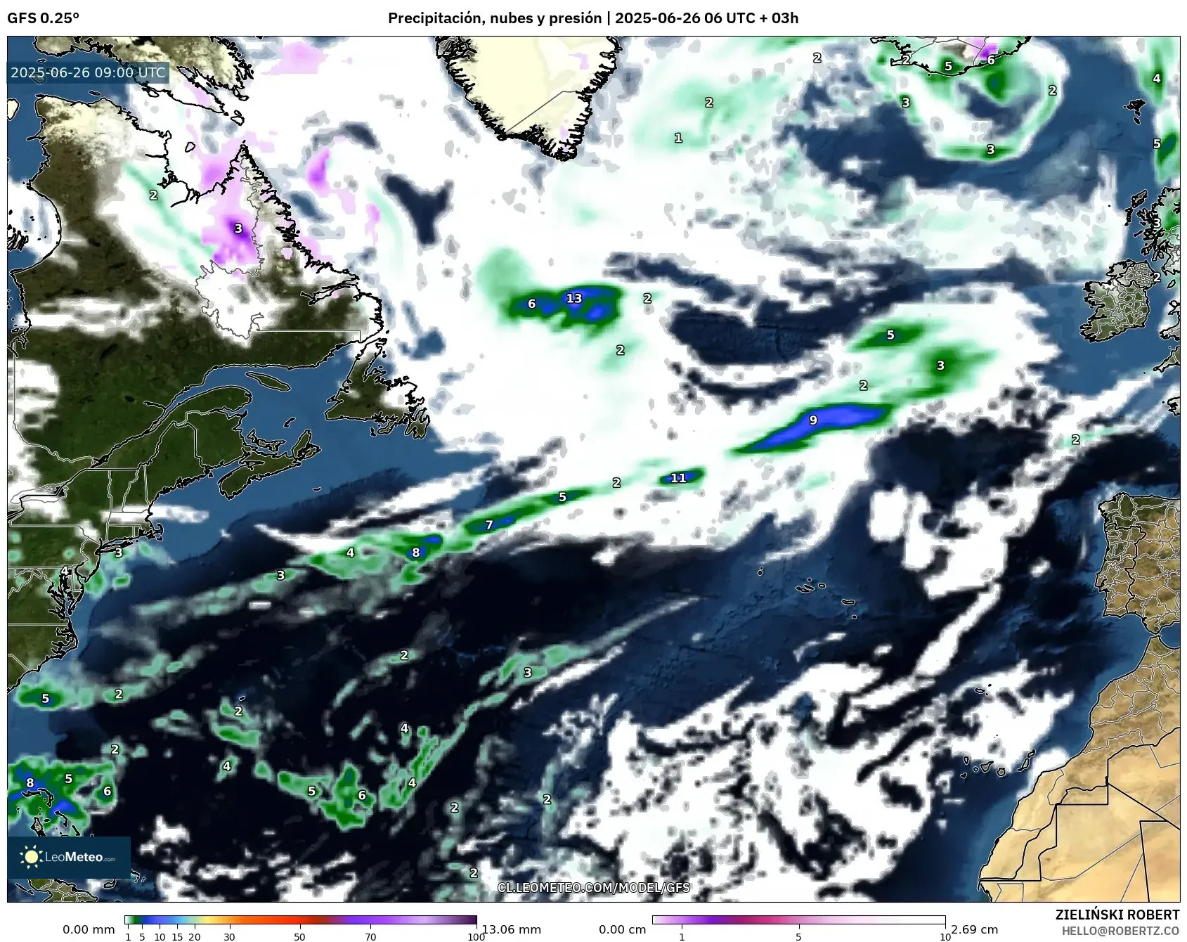 GFS model - Norte Atlántico, Precipitación, nubes y presión GFS model - Norte Atlántico, Precipitación, nubes y presión