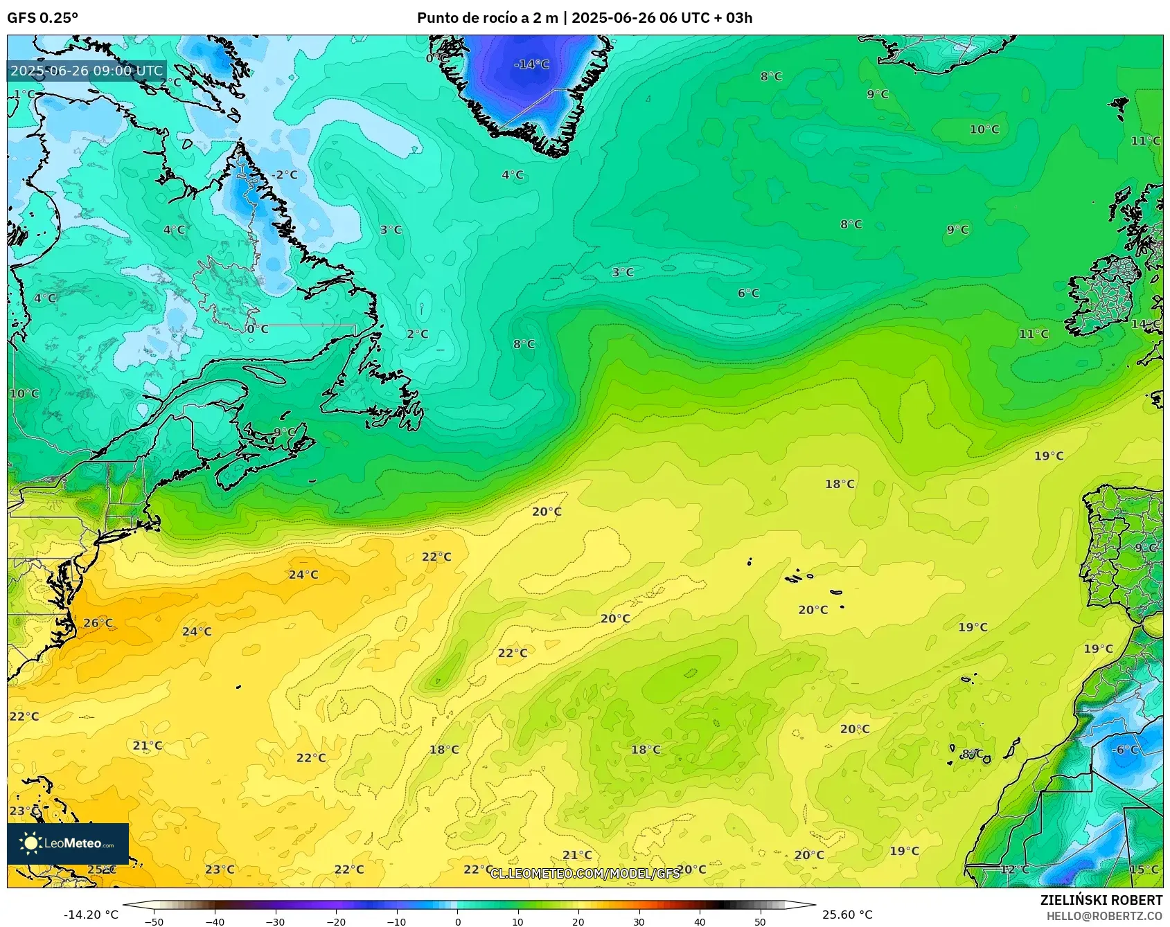 GFS model - Norte Atlántico, Punto de rocío a 2 m GFS model - Norte Atlántico, Punto de rocío a 2 m