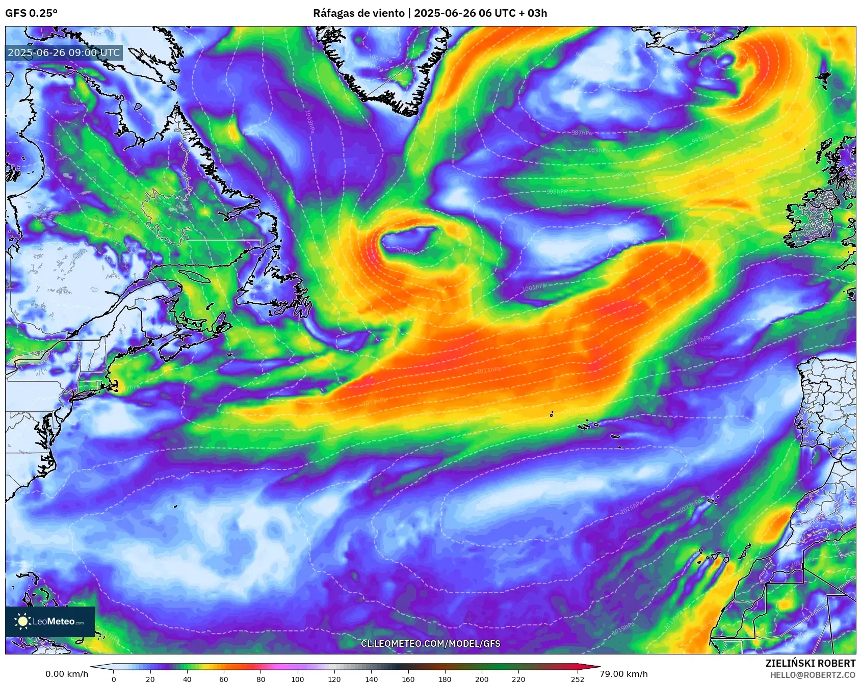 GFS model - Norte Atlántico, Ráfagas de viento GFS model - Norte Atlántico, Ráfagas de viento