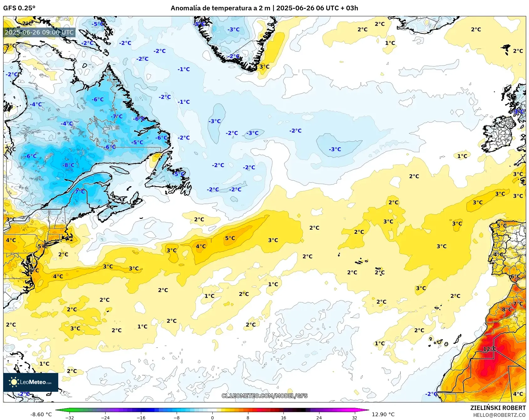 GFS model - Norte Atlántico, Anomalía de temperatura a 2 m GFS model - Norte Atlántico, Anomalía de temperatura a 2 m