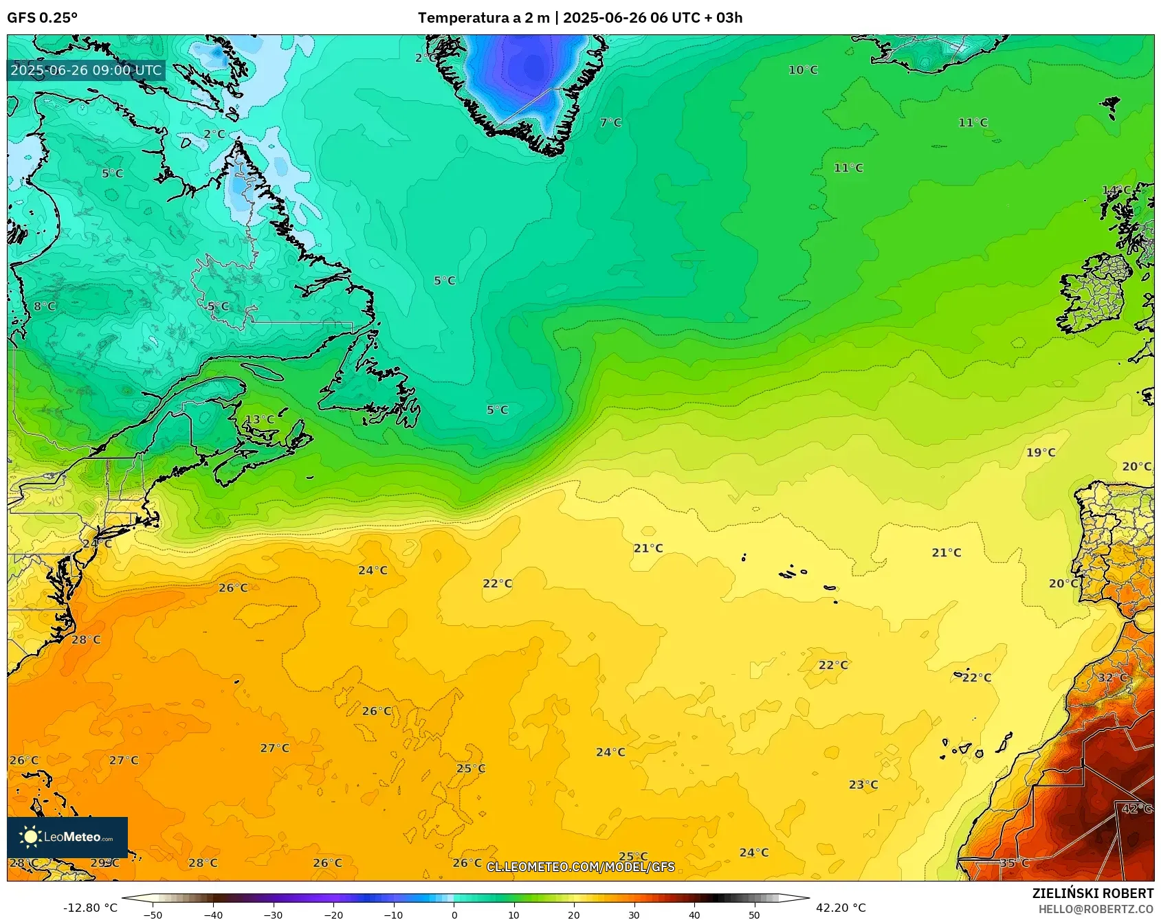 GFS model - Norte Atlántico, Temperatura a 2 m GFS model - Norte Atlántico, Temperatura a 2 m