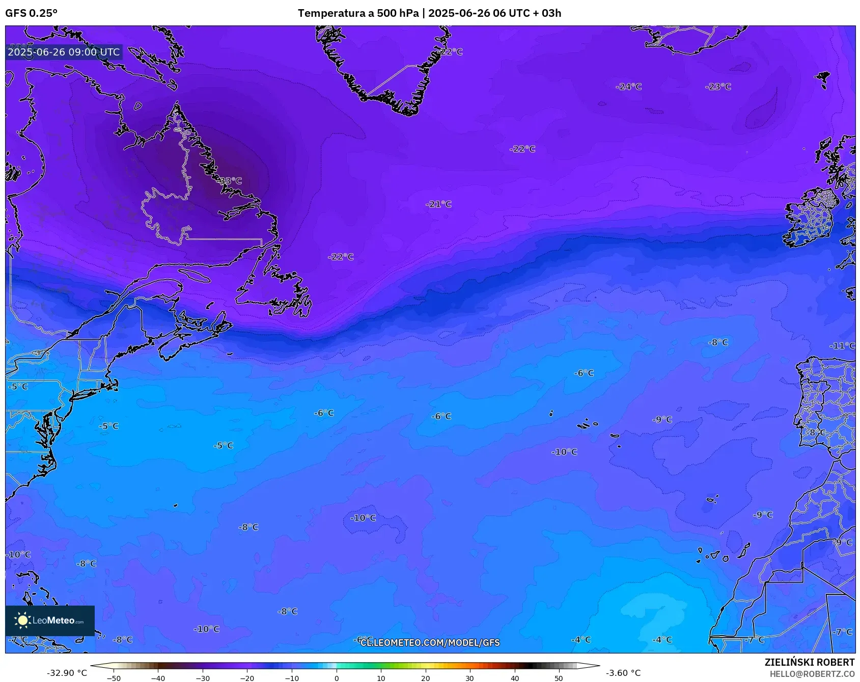 GFS model - Norte Atlántico, Temperatura a 500 hPa GFS model - Norte Atlántico, Temperatura a 500 hPa