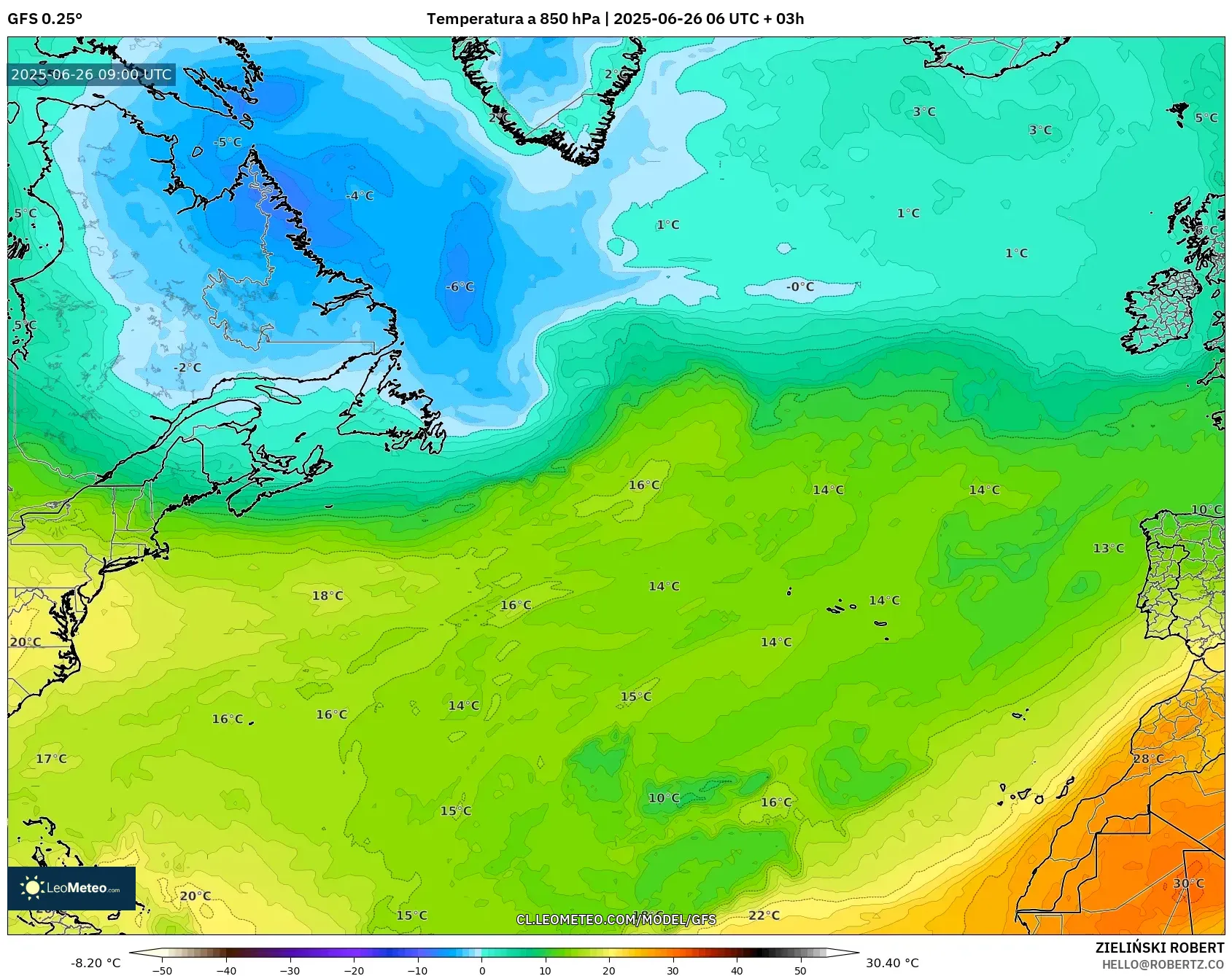 GFS model - Norte Atlántico, Temperatura a 850 hPa GFS model - Norte Atlántico, Temperatura a 850 hPa
