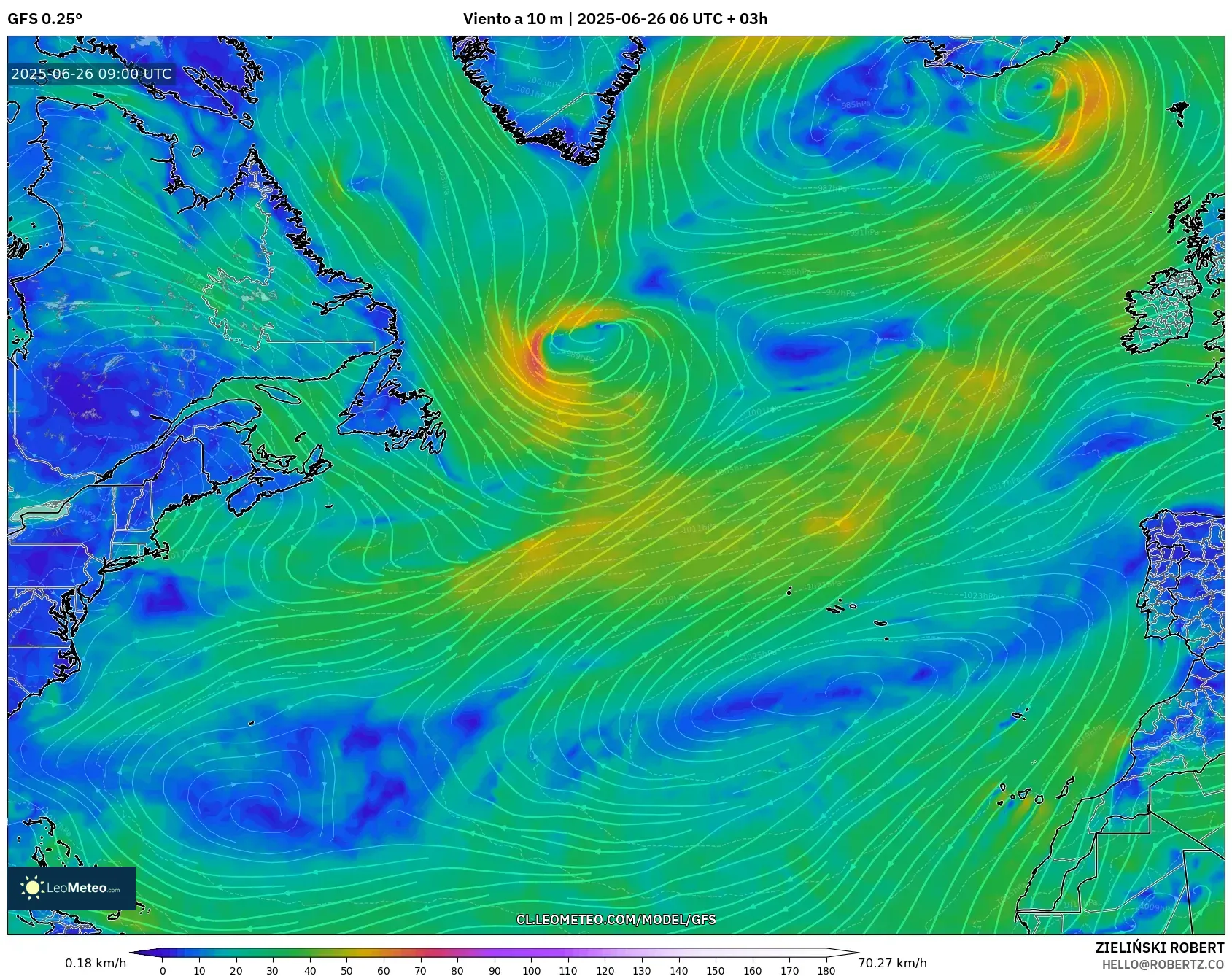 GFS model - Norte Atlántico, Viento a 10 m GFS model - Norte Atlántico, Viento a 10 m