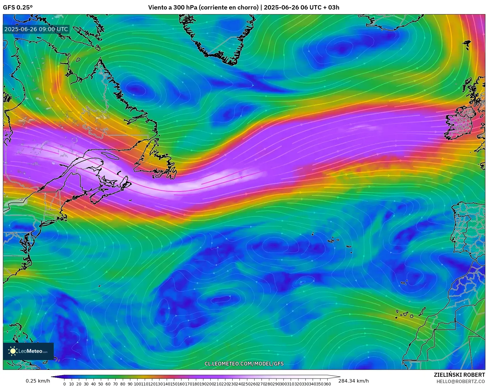 GFS model - Norte Atlántico, Viento a 300 hPa (corriente en chorro) GFS model - Norte Atlántico, Viento a 300 hPa (corriente en chorro)