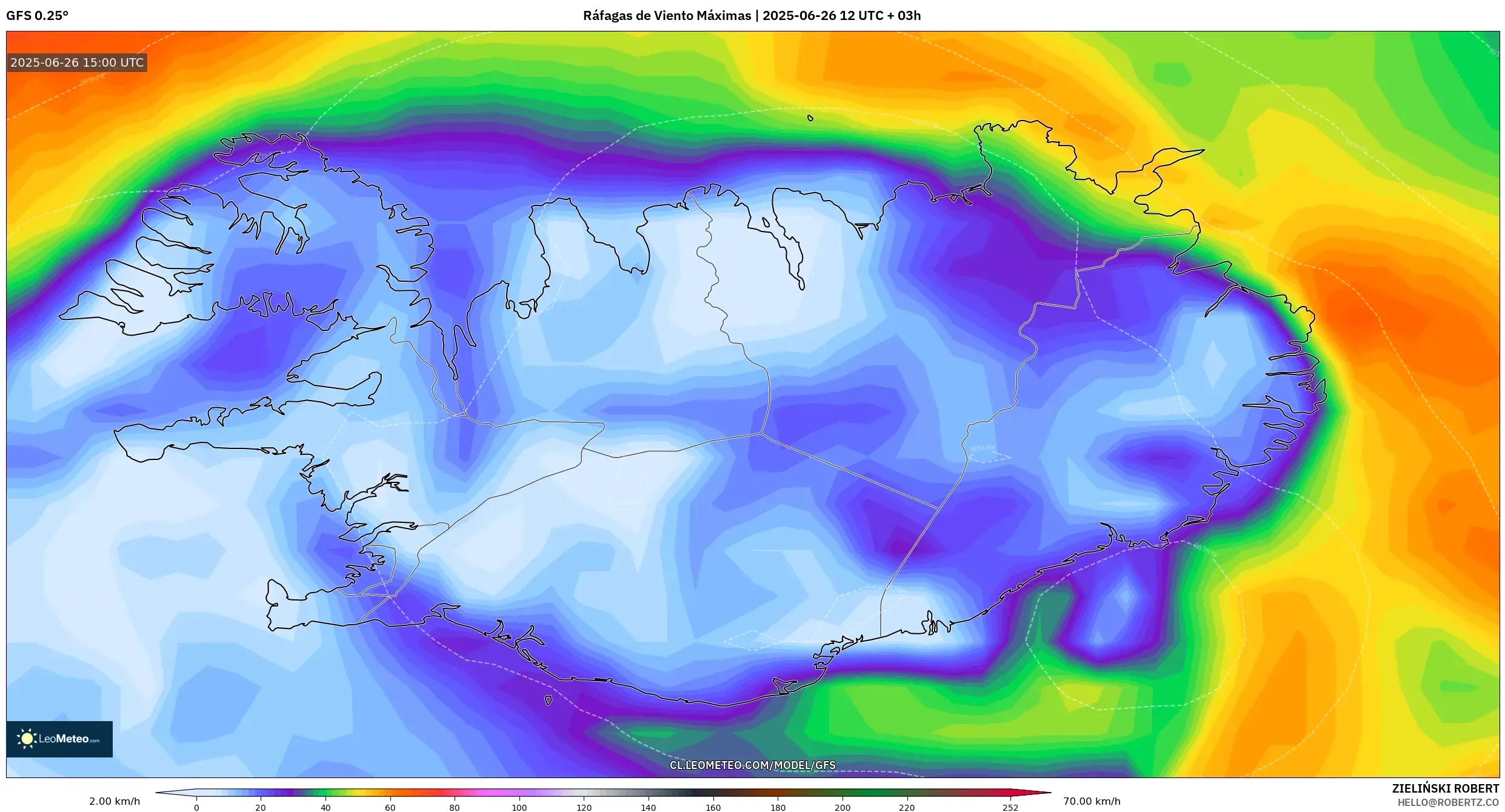 GFS model - Islandia, Ráfagas de Viento Máximas GFS model - Islandia, Ráfagas de Viento Máximas