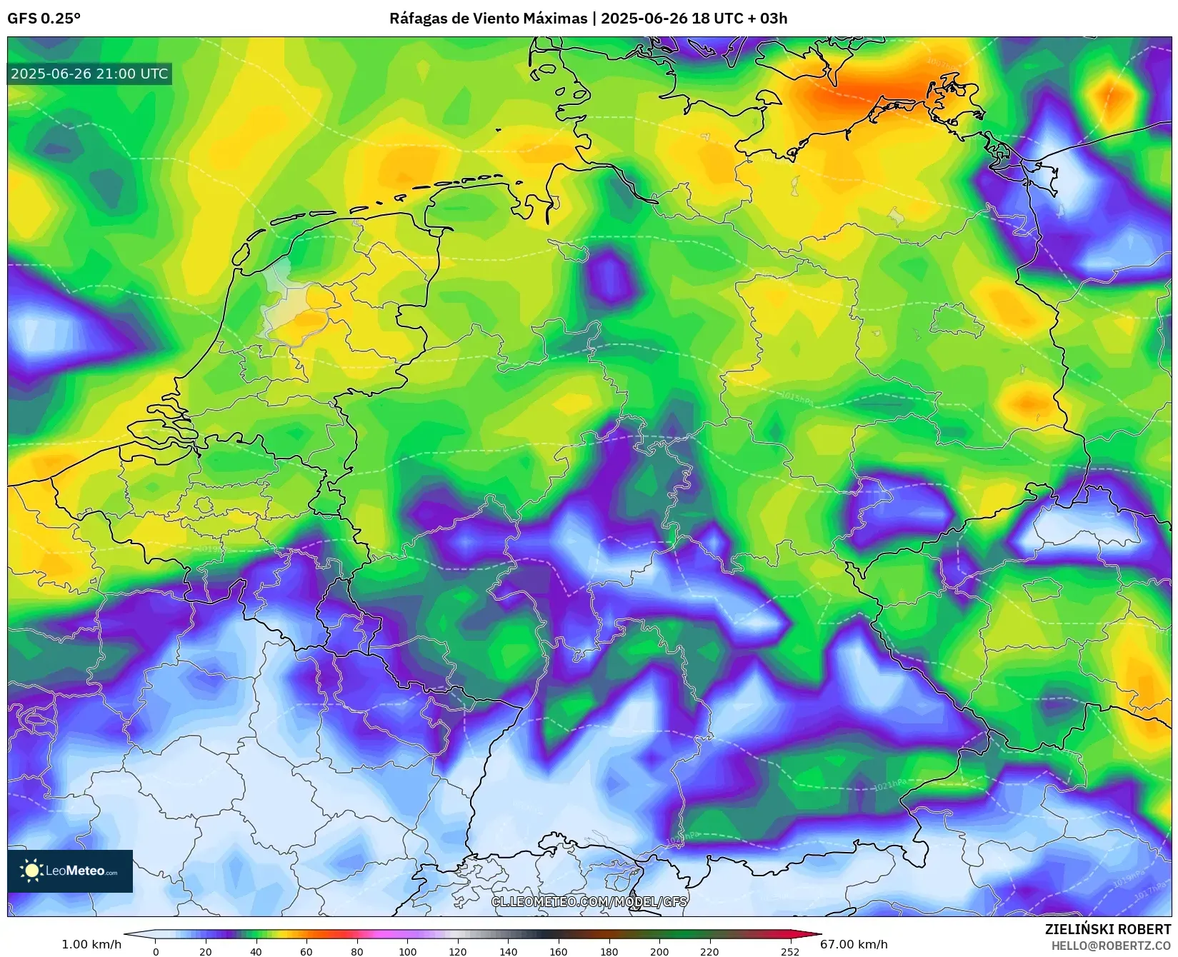 GFS model - Alemania, Ráfagas de Viento Máximas GFS model - Alemania, Ráfagas de Viento Máximas