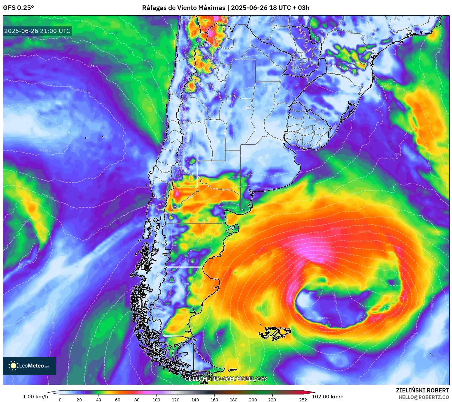 GFS model - Argentina, Ráfagas de Viento Máximas GFS model - Argentina, Ráfagas de Viento Máximas